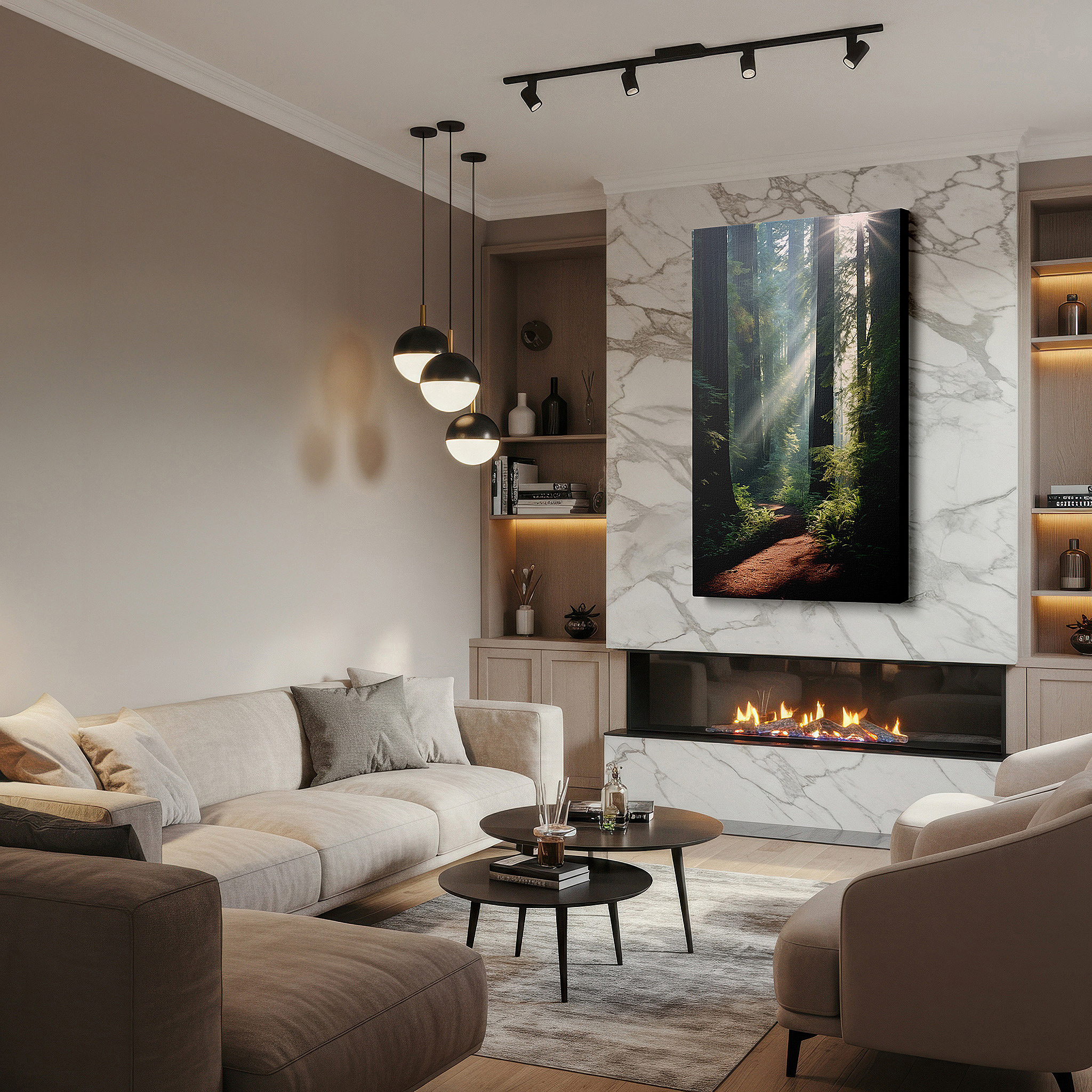 Balanced between two tall indoor plants near a window — serene redwood forest canvas: sunlit pathway - tranquil nature escape wall art for office and bedroom decor
