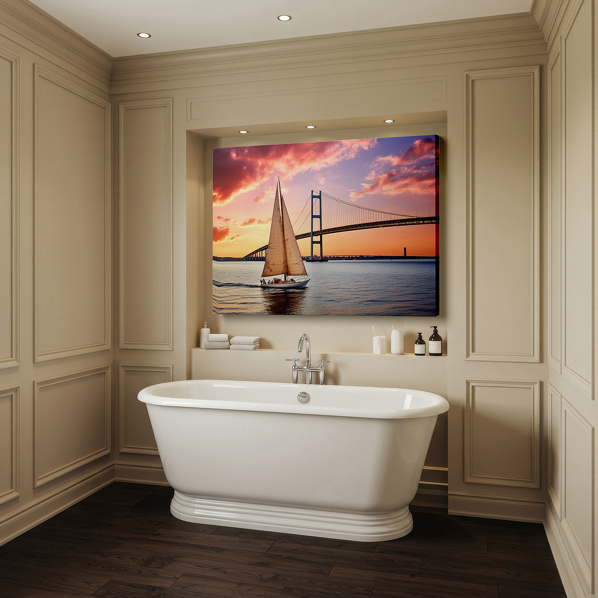 Balanced between two tall indoor plants near a window — serene sail under a sunset-kissed bridge - oversized wall art, canvas decor for office, bedroom, and living room