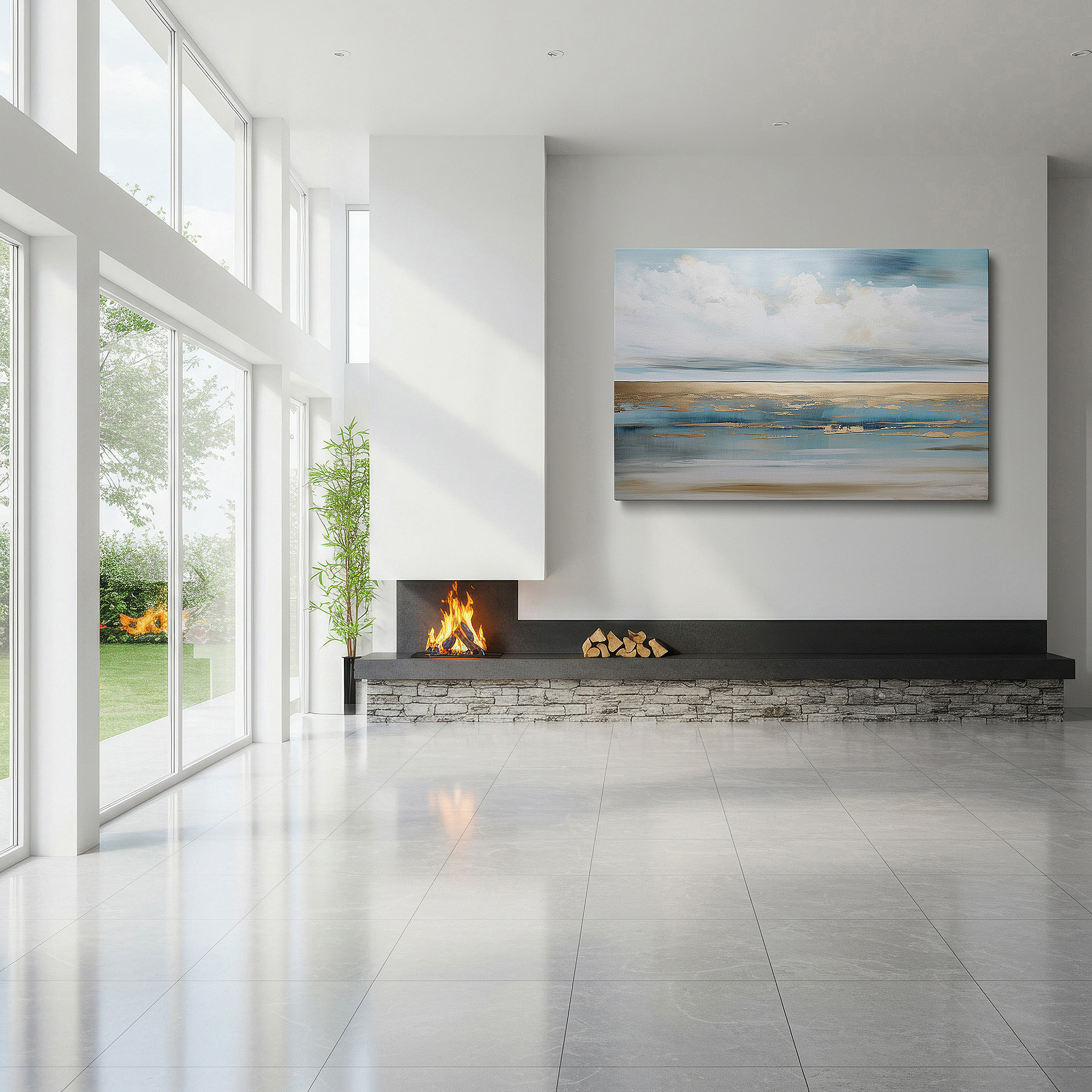 Balanced between two tall indoor plants near a window — serene seascape canvas art in blues and greens with golden sunlight reflections, ideal for office and bedroom wall decor