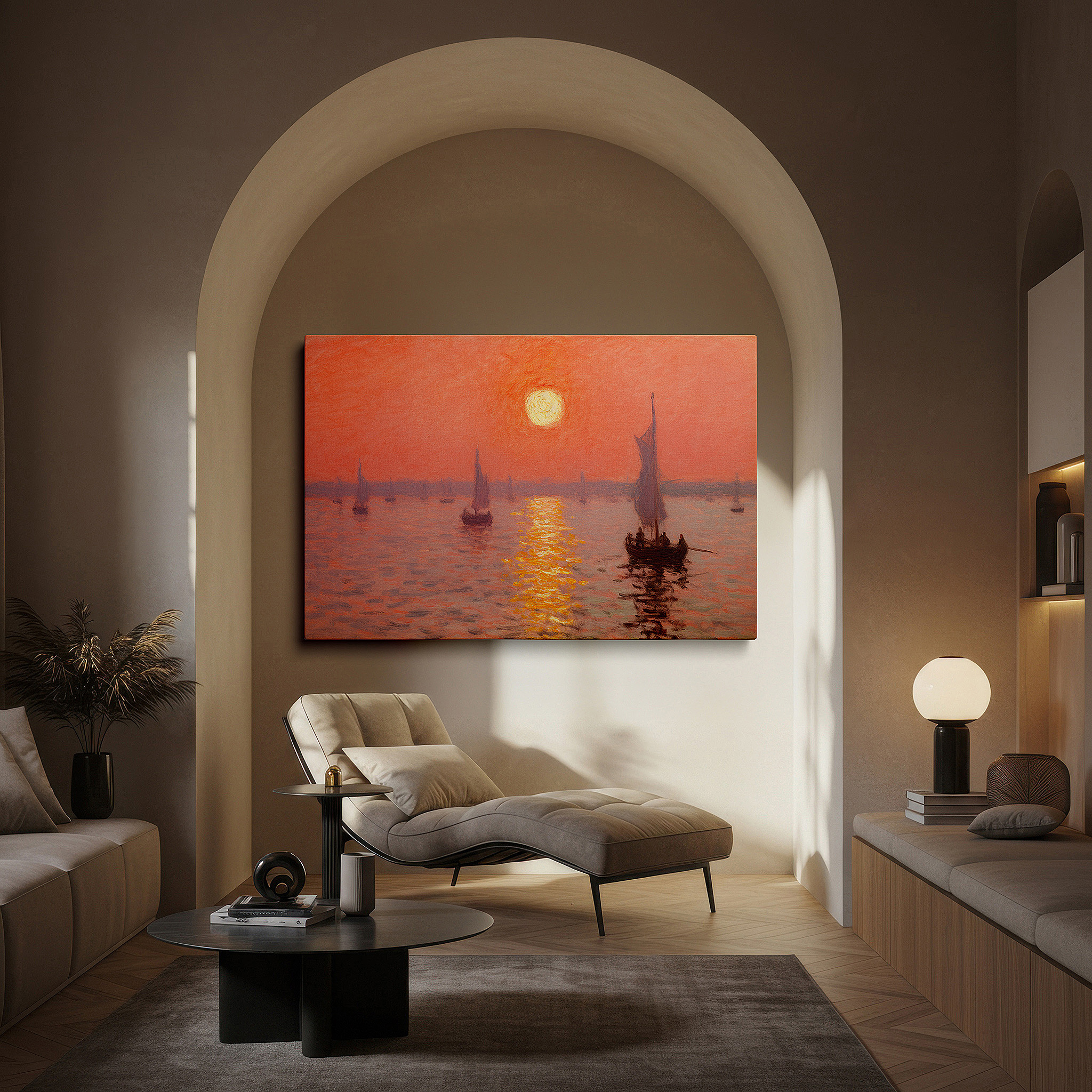 Balanced between two tall indoor plants near a window — serene sunset and silhouetted sailing boats over tranquil waters large canvas wall art for office and bedroom decor