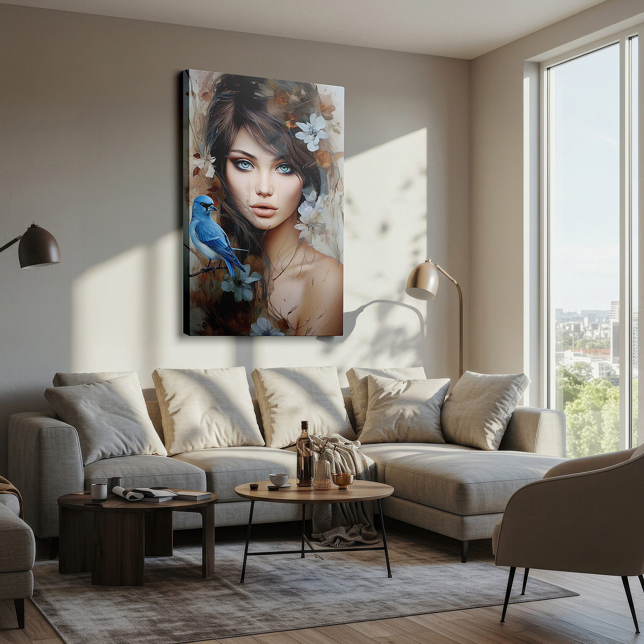 Balanced between two tall indoor plants near a window — serene woman surrounded by lively birds and blossoms - a harmonious blend of nature and humanity, large wall art, canvas wall art, wall decor, office wall art