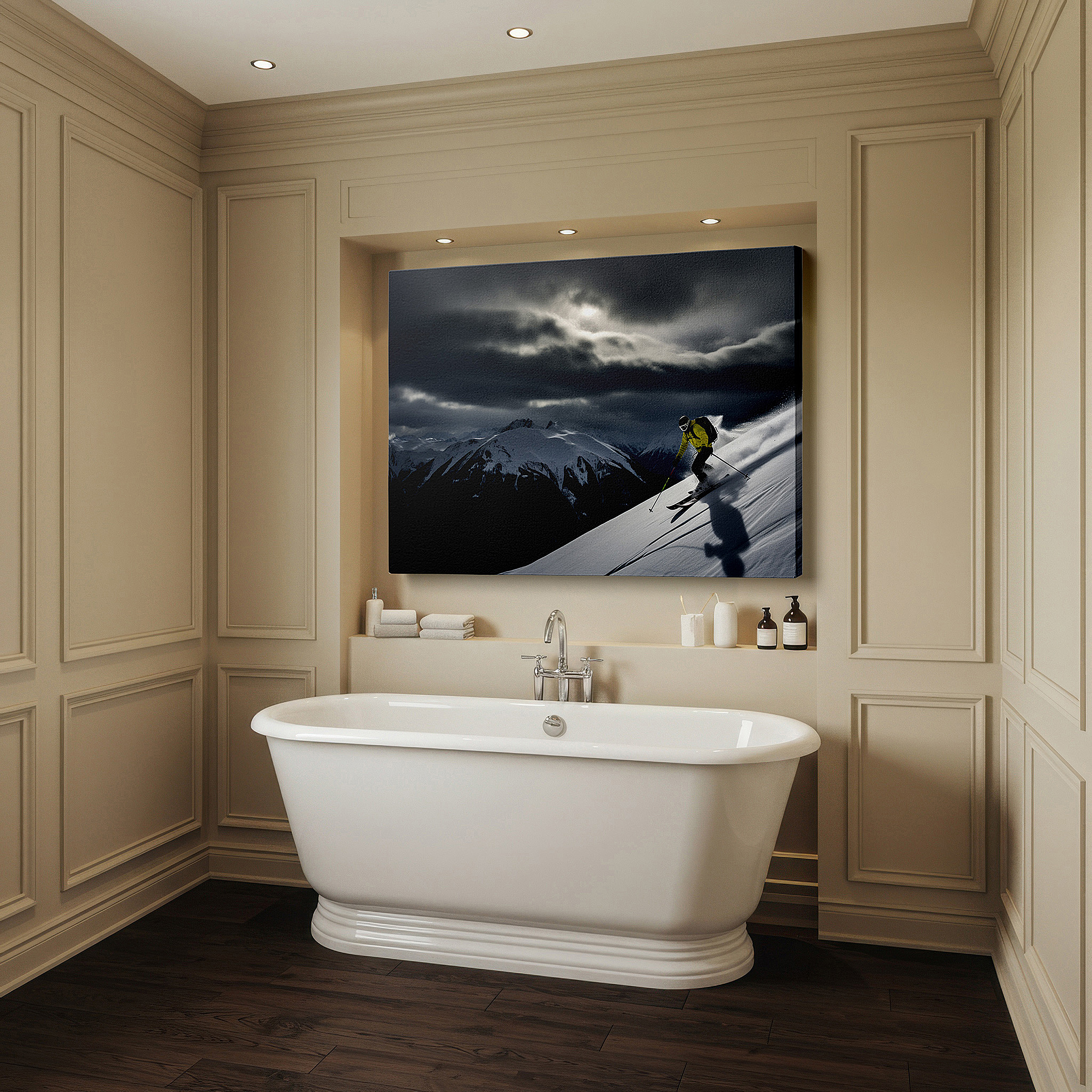 Balanced between two tall indoor plants near a window — skier in action with majestic mountains and dramatic skies: large canvas wall art for office, bedroom, and living room decor