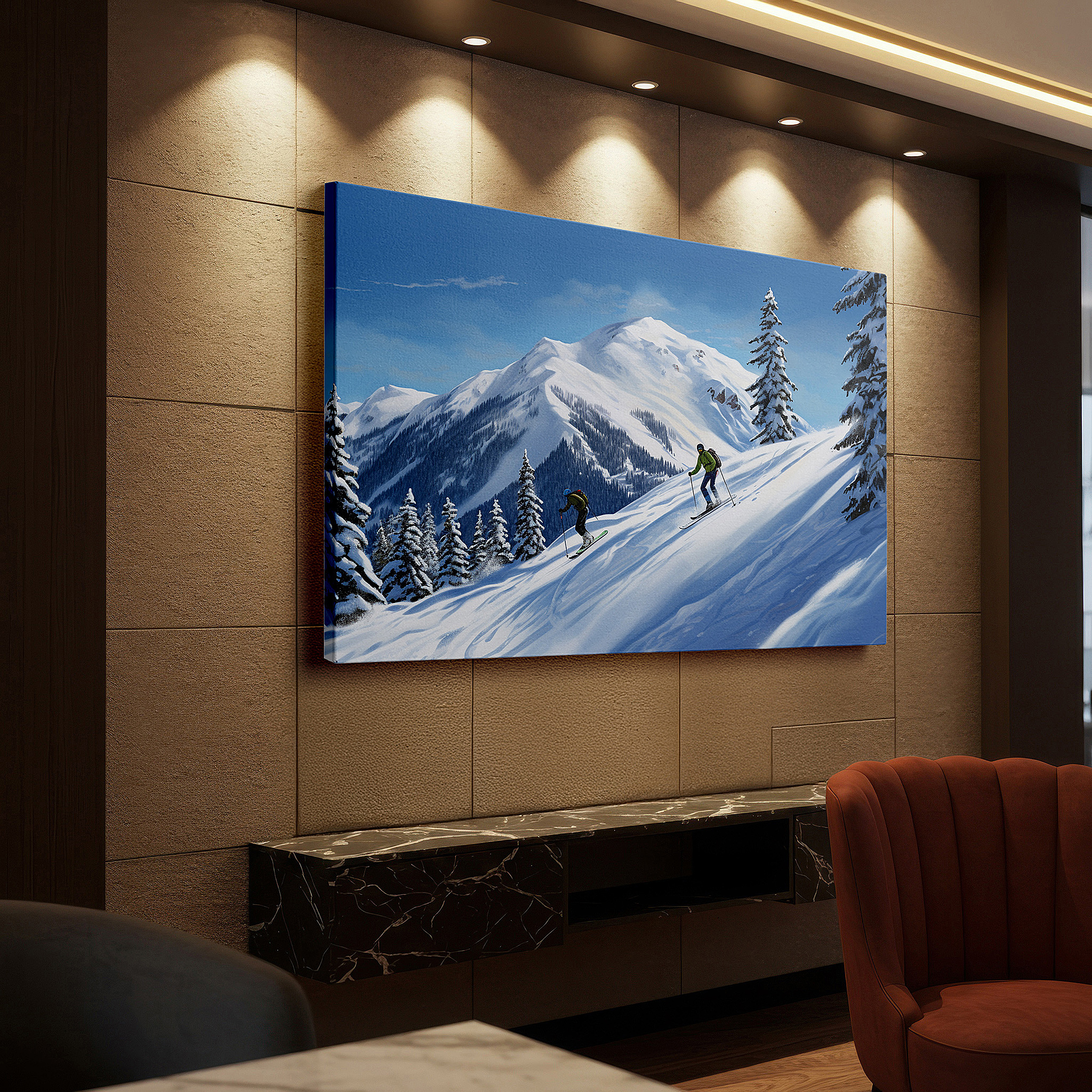 Balanced between two tall indoor plants near a window — skiers traverse beneath blue skies between snow-capped mountains and verdant pines large wall art, canvas wall art, wall decor, office wall art, bedroom wall art
