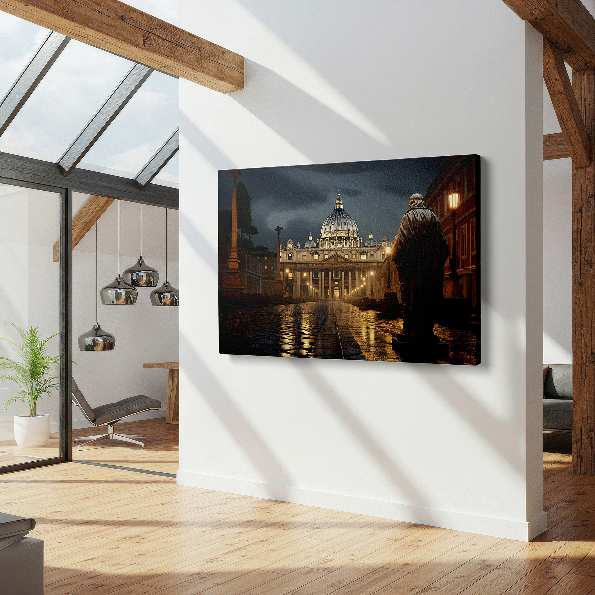 Balanced between two tall indoor plants near a window — st. peter's basilica beneath starry skies: a golden gateway - large wall art, canvas print, home and office decor, bedroom wall art