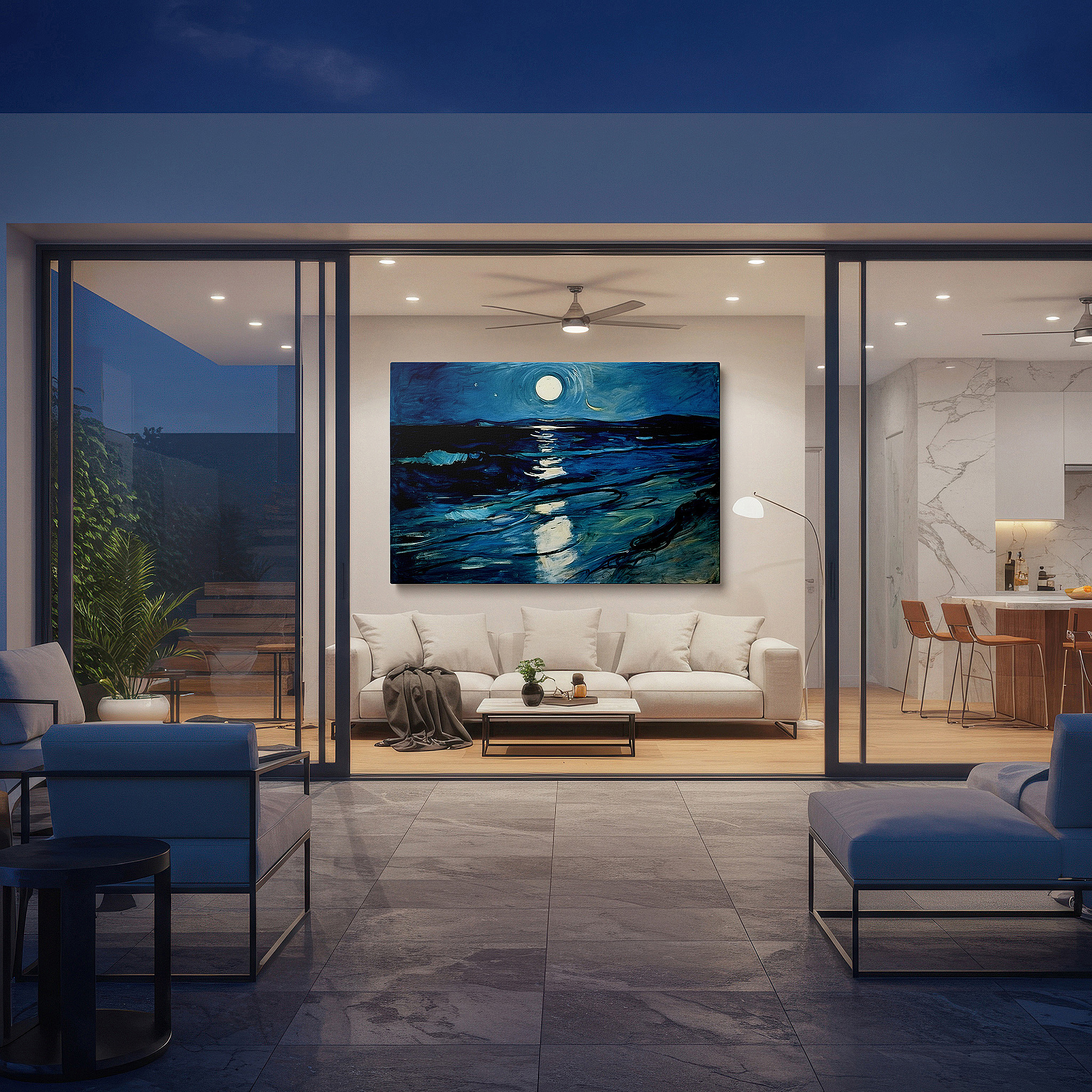 Balanced between two tall indoor plants near a window — starry night over the ocean large canvas wall art for office and bedroom decor