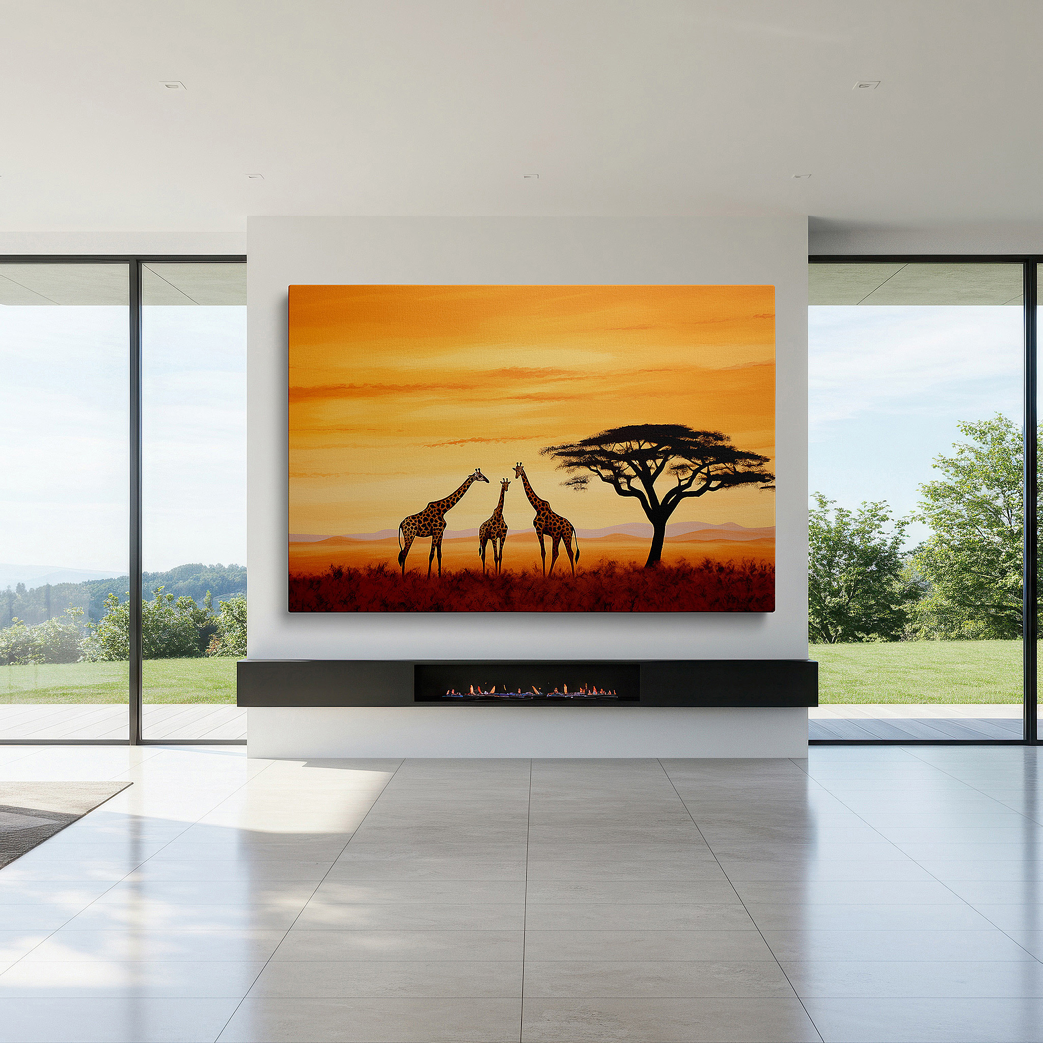 Balanced between two tall indoor plants near a window — stunning giraffes and vibrant sunset in the african savannah wall art, canvas decor for office and bedroom