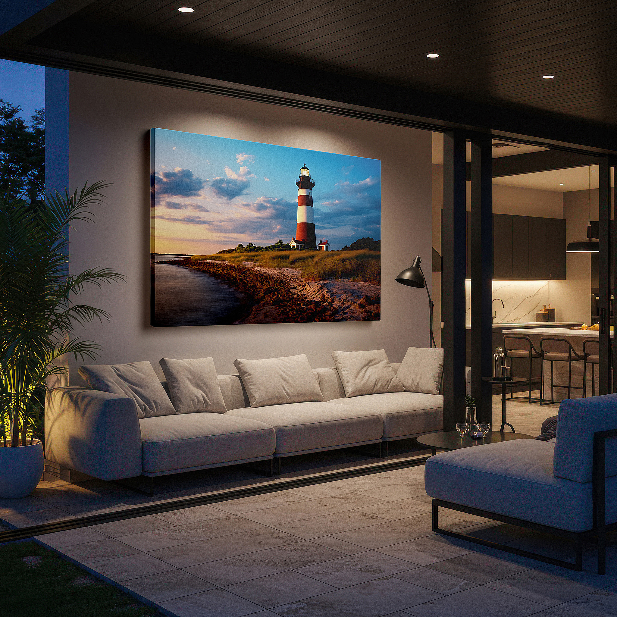 Balanced between two tall indoor plants near a window — sunset at the majestic lighthouse: tranquil beach scene with vibrant colors and serene coastal beauty - large canvas wall art decor