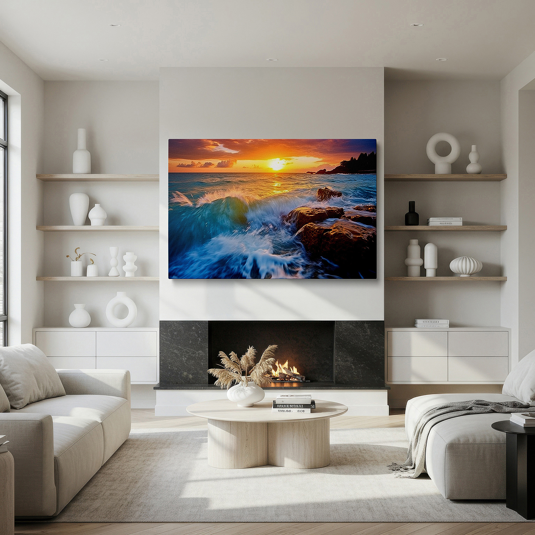 Balanced between two tall indoor plants near a window — sunset over the ocean: a striking blend of orange and blue on the horizon - large canvas wall art for office and bedroom decor