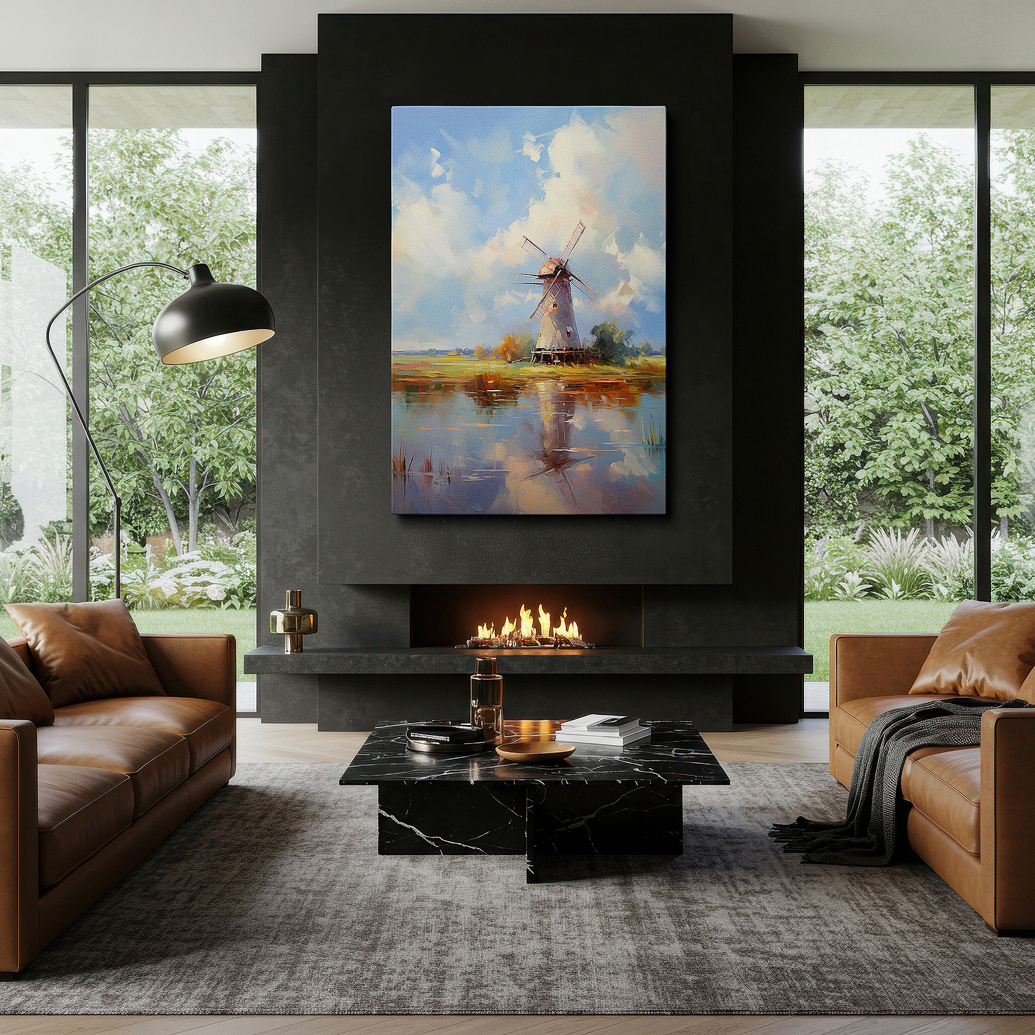 Balanced between two tall indoor plants near a window — traditional windmill by tranquil waters amidst pastoral serenity - large canvas wall art for office and bedroom decor