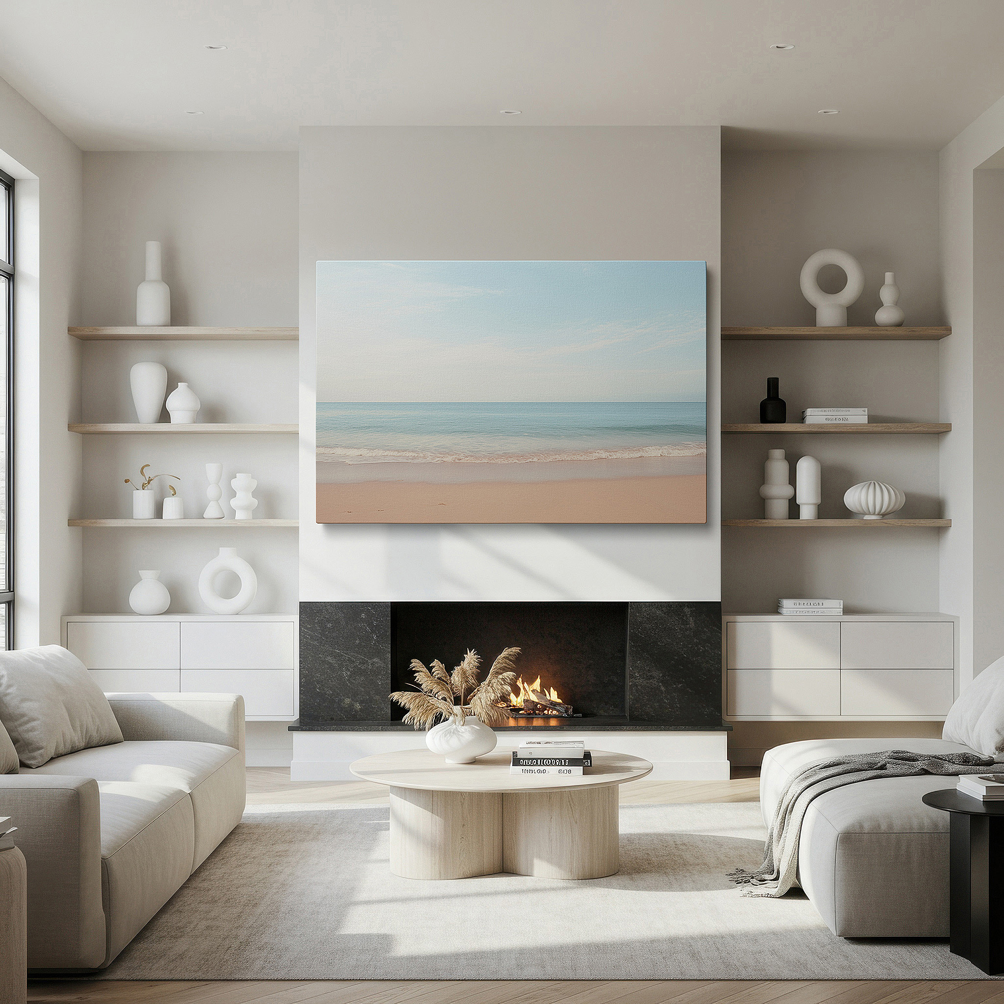 Balanced between two tall indoor plants near a window — tranquil beachscape wall art featuring turquoise waters and golden sands beneath a radiant blue sky - large canvas wall art for home and office decor