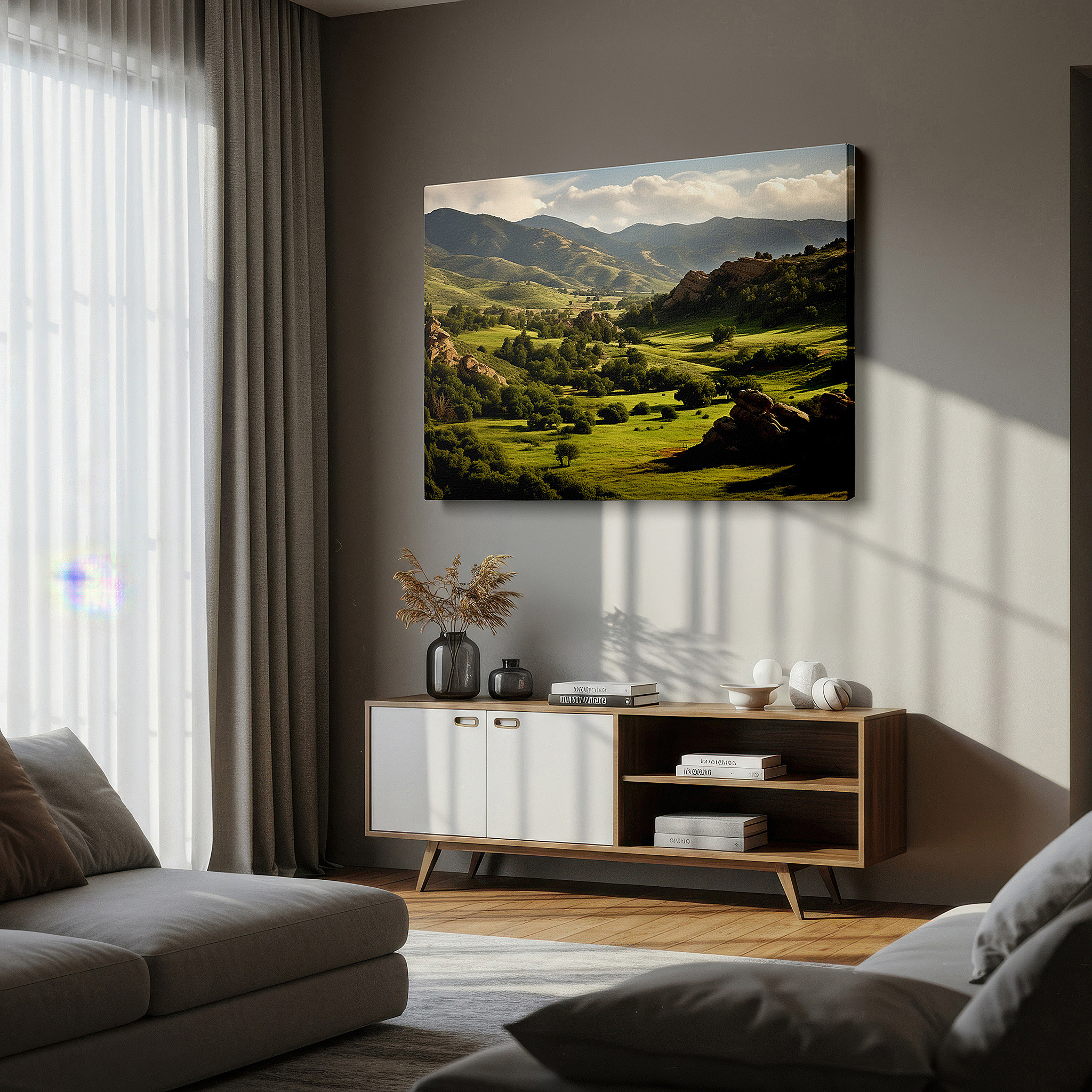 Balanced between two tall indoor plants near a window — tranquil evening embrace: golden rays and verdant valleys with dramatic outcrops - large canvas wall art for office and bedroom decor