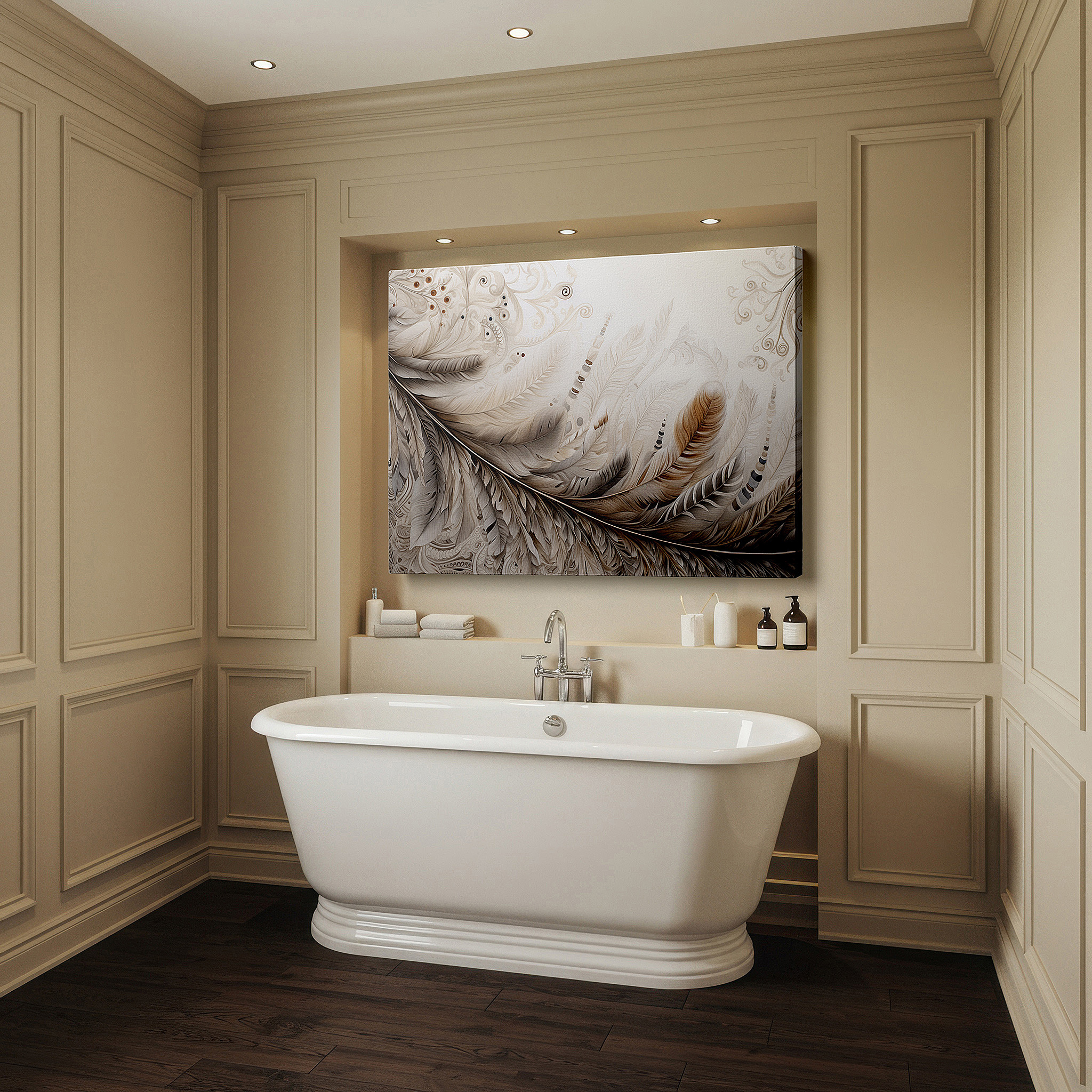 Balanced between two tall indoor plants near a window — tranquil feathers wall art in earthy tones: serene nature-inspired elegance for large spaces, canvas wall decor for offices and bedrooms.