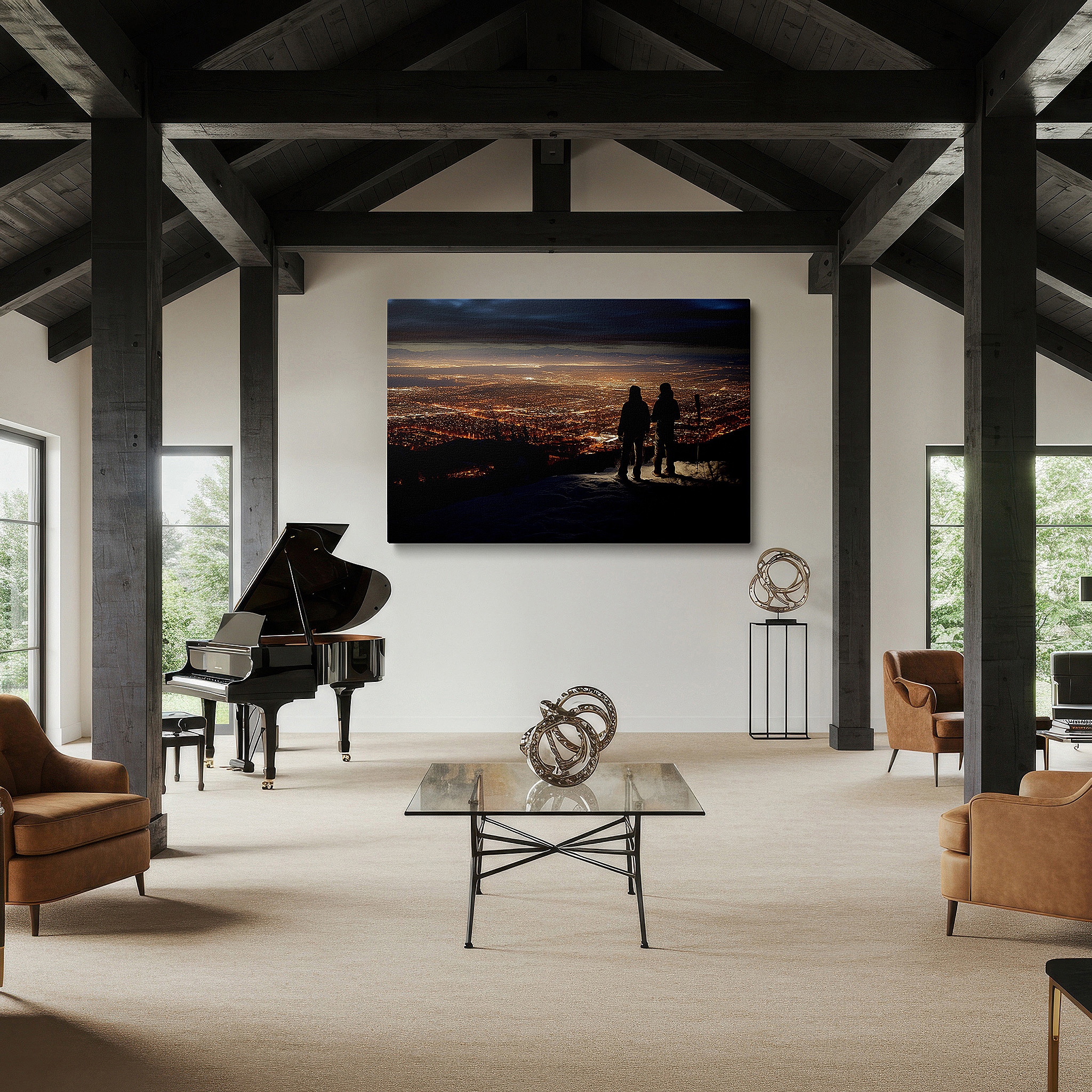 Balanced between two tall indoor plants near a window — tranquil urban twilight silhouette large wall art, canvas decor for office, bedroom, and living room