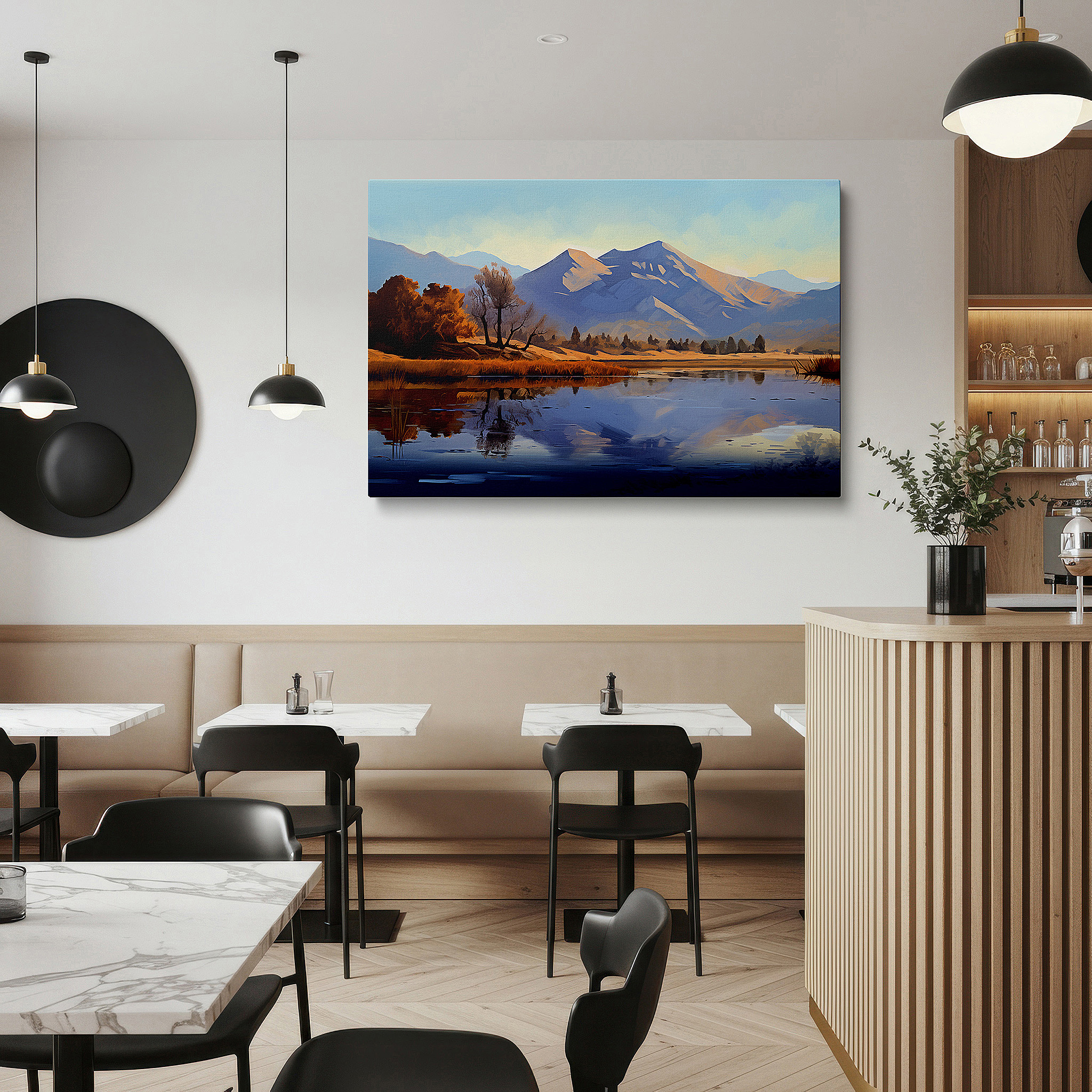 Balanced between two tall indoor plants near a window — tranquil waters and majestic mountains wall art: a gateway to serenity - large canvas art for home and office decor, perfect for living rooms and bedrooms