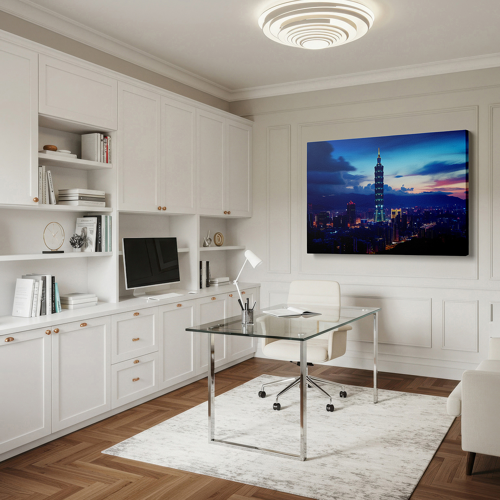 Balanced between two tall indoor plants near a window — twilight majesty over taipei 101 - clouds and city lights dance large wall art, canvas wall art, wall decor for office and bedroom
