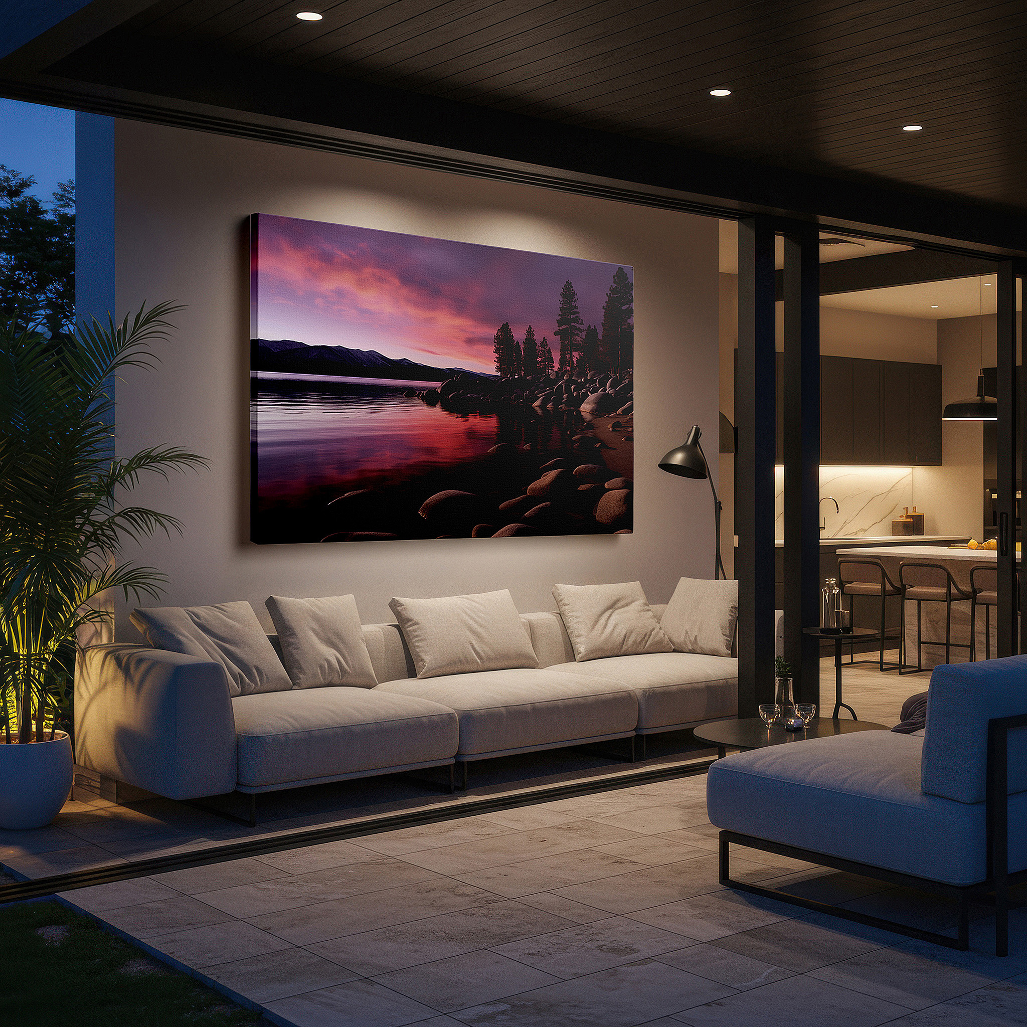 Balanced between two tall indoor plants near a window — twilight whispers by the lake - serene transition into night's embrace - large canvas wall art for office and bedroom decor