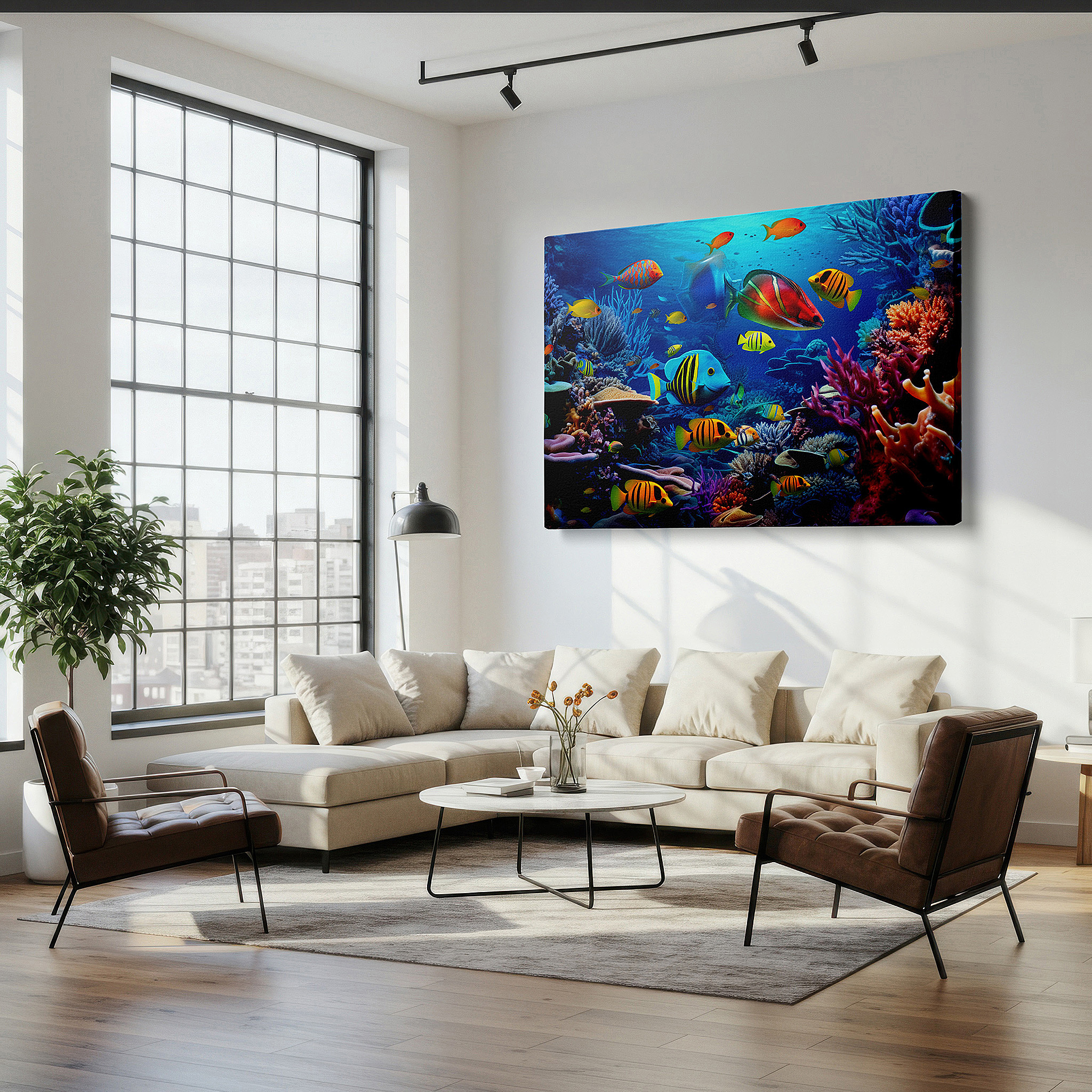 Balanced between two tall indoor plants near a window — underwater majesty: clownfish and vibrant coral reefs wall art - large canvas for home and office decor, perfect for living rooms and bedrooms