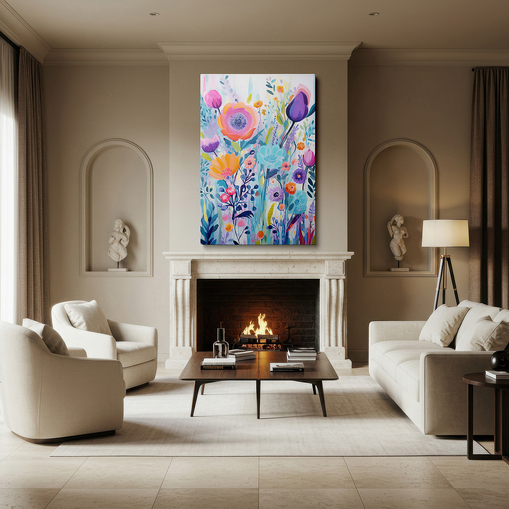 Balanced between two tall indoor plants near a window — vibrant abstract floral masterpiece featuring dynamic shapes and bright colors to celebrate nature's beauty - large canvas wall art