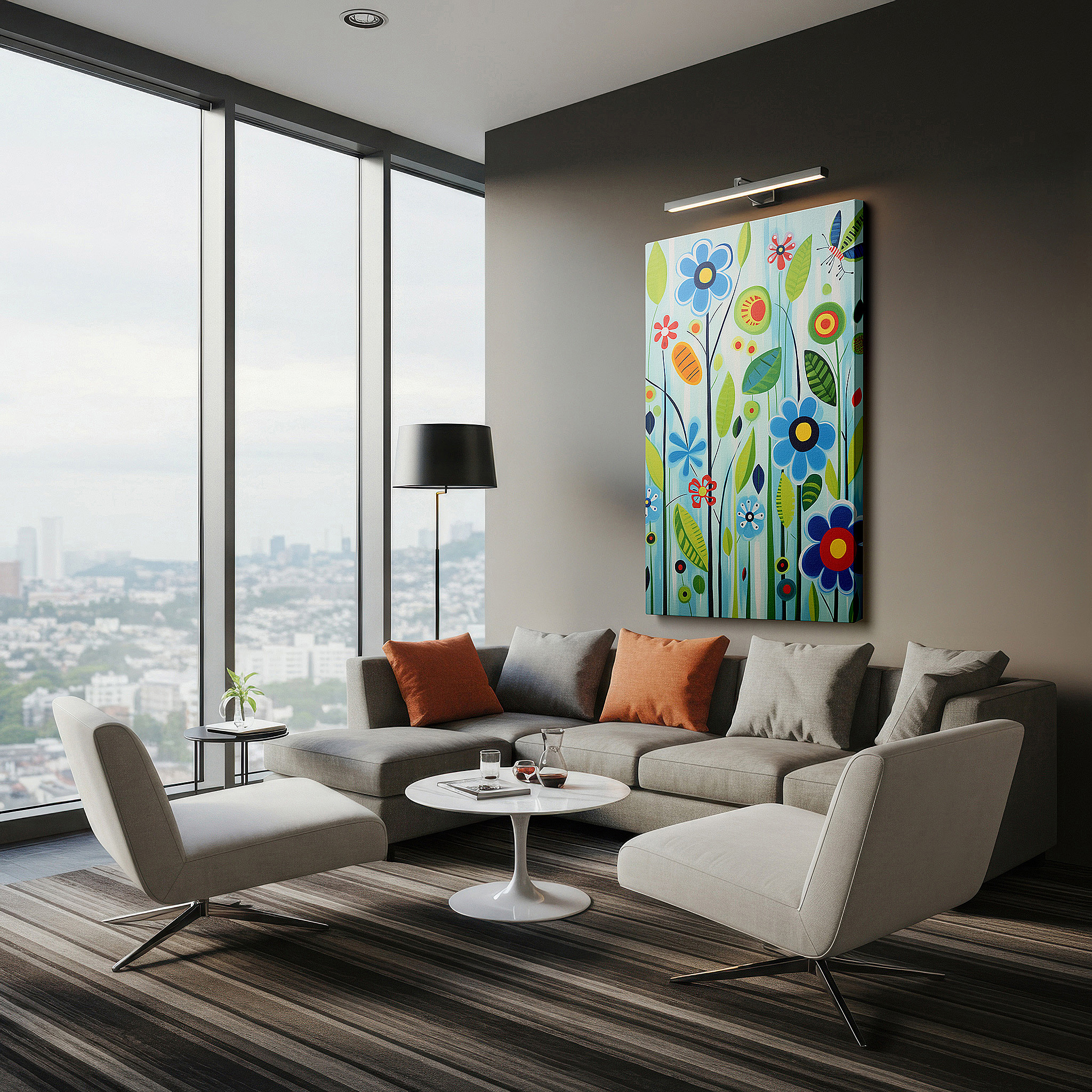 Balanced between two tall indoor plants near a window — vibrant celebration of nature: bright flowers and playful butterflies on a serene blue background - large canvas wall art