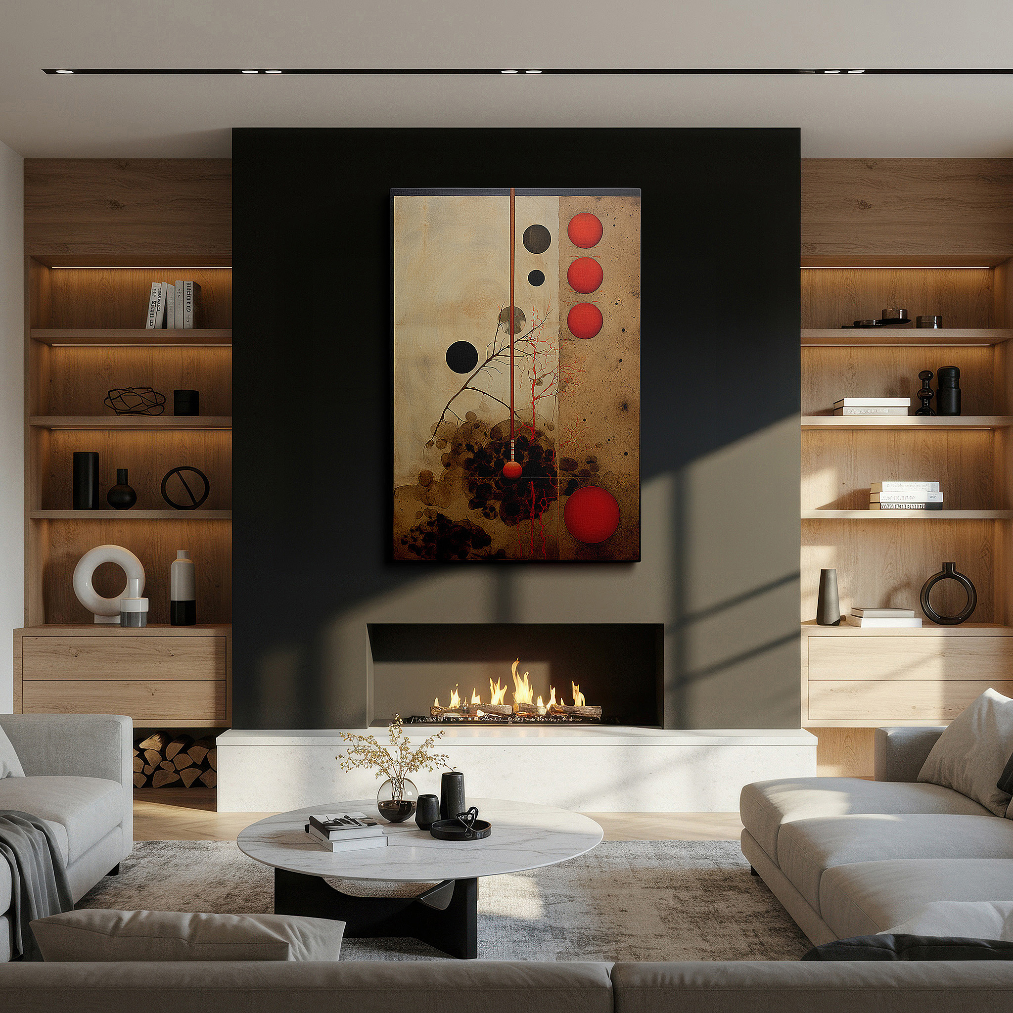 Balanced between two tall indoor plants near a window — vibrant interaction of red and black circles on a textured background, large canvas wall art for home and office decor