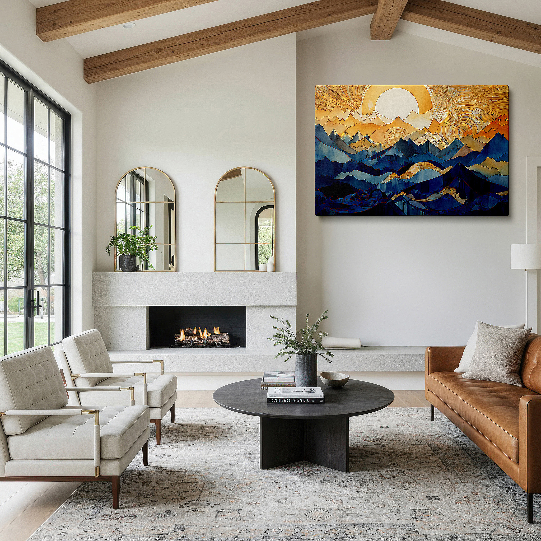 Balanced between two tall indoor plants near a window — vibrant mountain landscape in bold blues and bright oranges, perfectly balancing energy and calmness, large wall art, canvas wall art