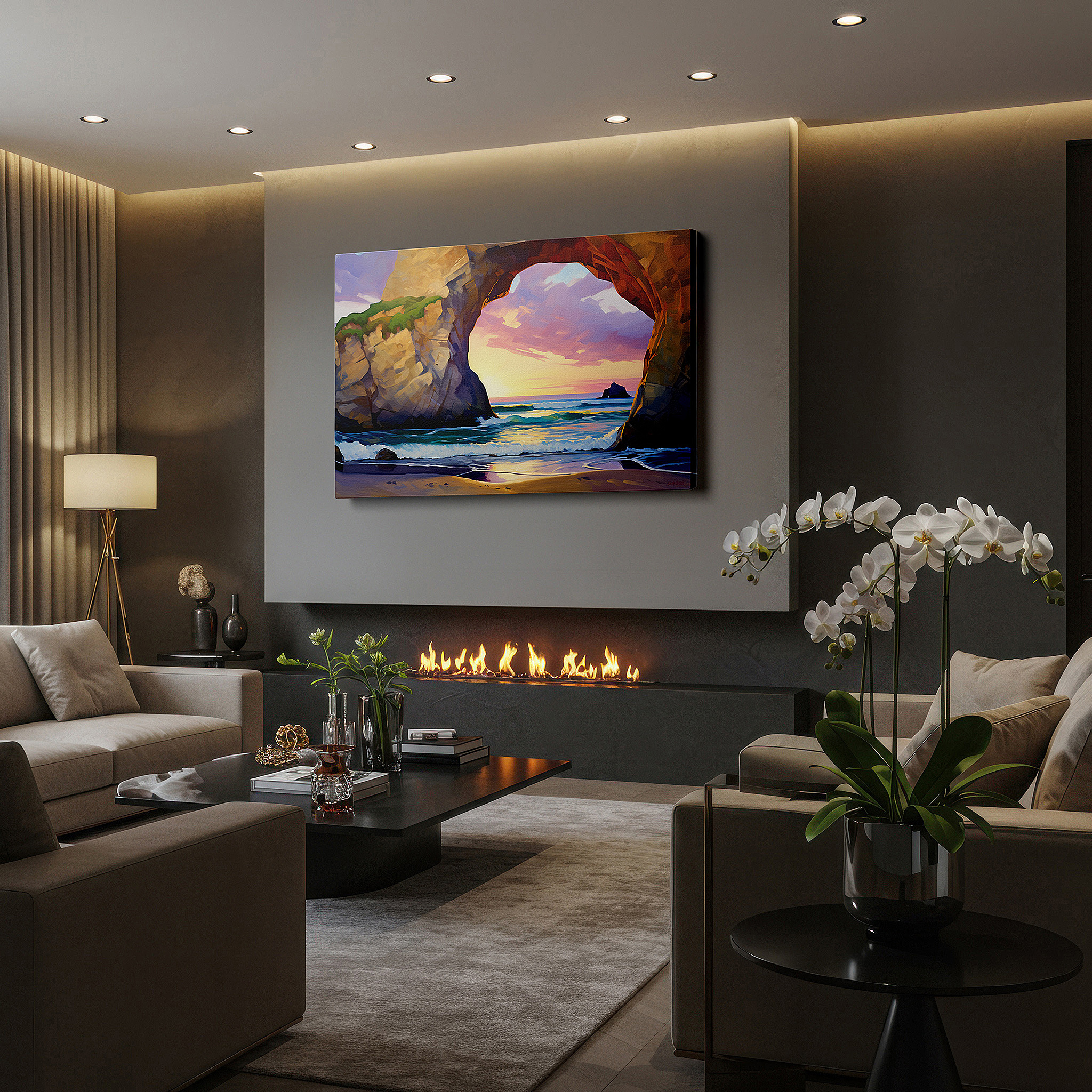 Balanced between two tall indoor plants near a window — vibrant sunset hues over majestic coastal arch large canvas wall art for office, bedroom, and living room decor