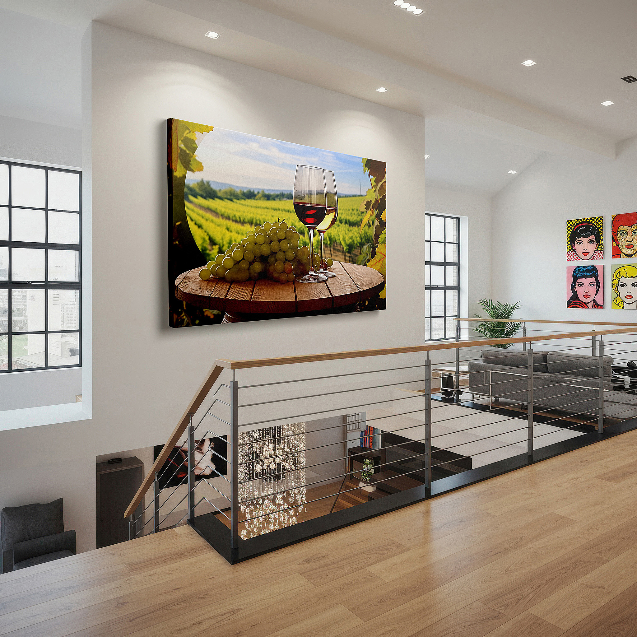 Balanced between two tall indoor plants near a window — vineyard serenity wall art: celebrate winemaking with this sunlit retreat-themed large canvas, perfect for office or bedroom decor.