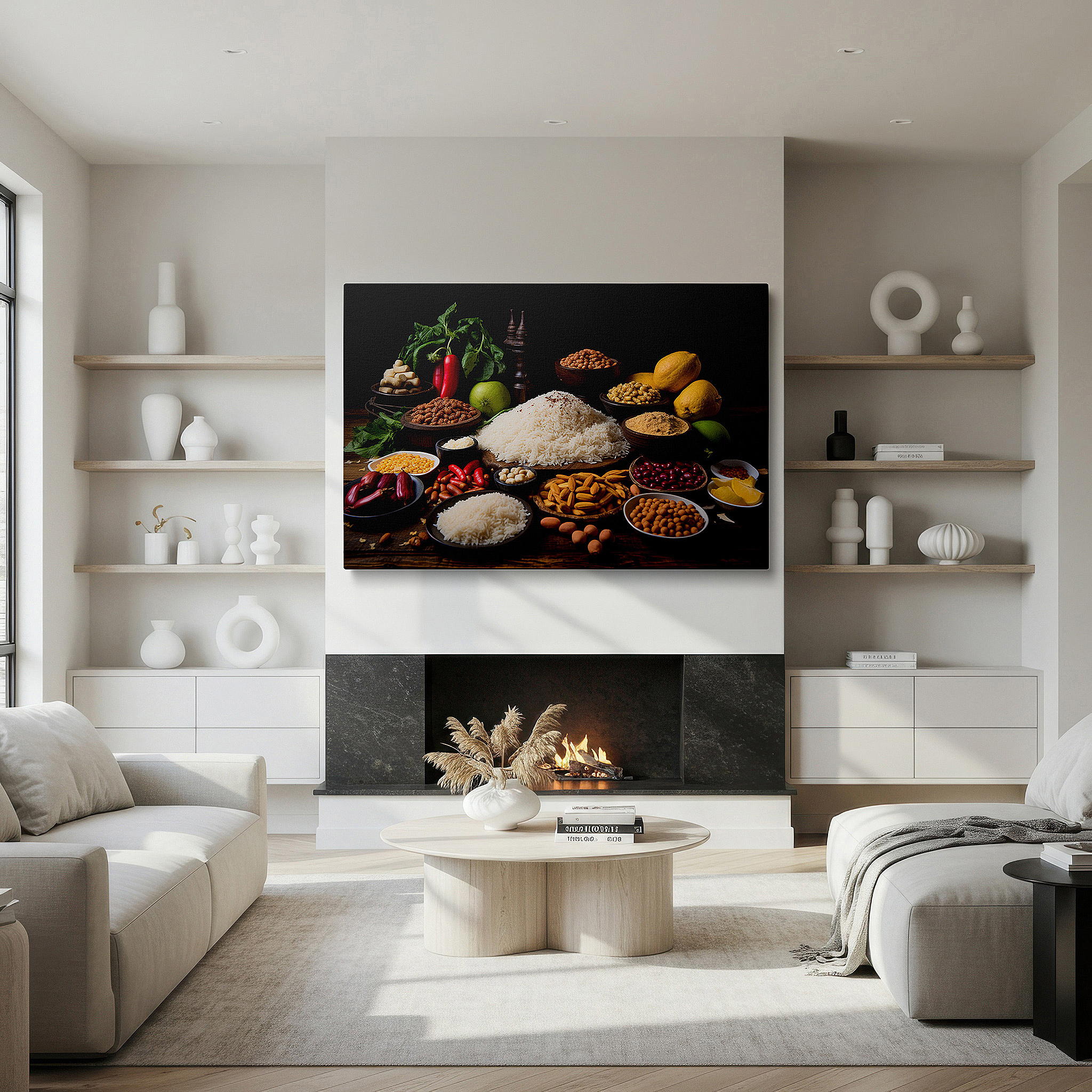 Balanced between two tall indoor plants near a window — wall art: celebrating nature's bounty and culinary diversity on a rustic table - large canvas wall art for home and office decor