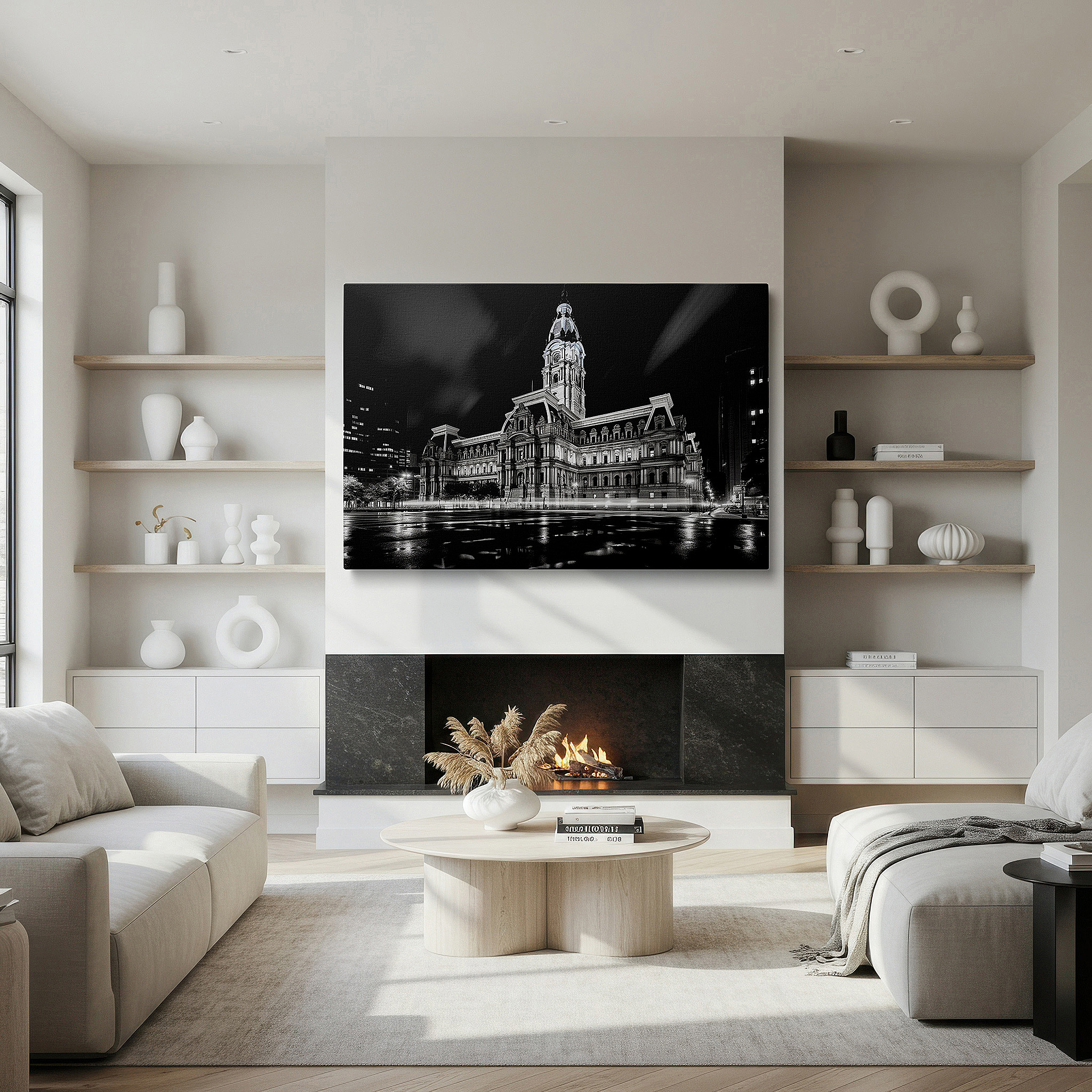 Balanced between two tall indoor plants near a window — wall art: majestic city hall at night - monochrome symphony of light and shadow. large canvas wall art for office and bedroom decor.