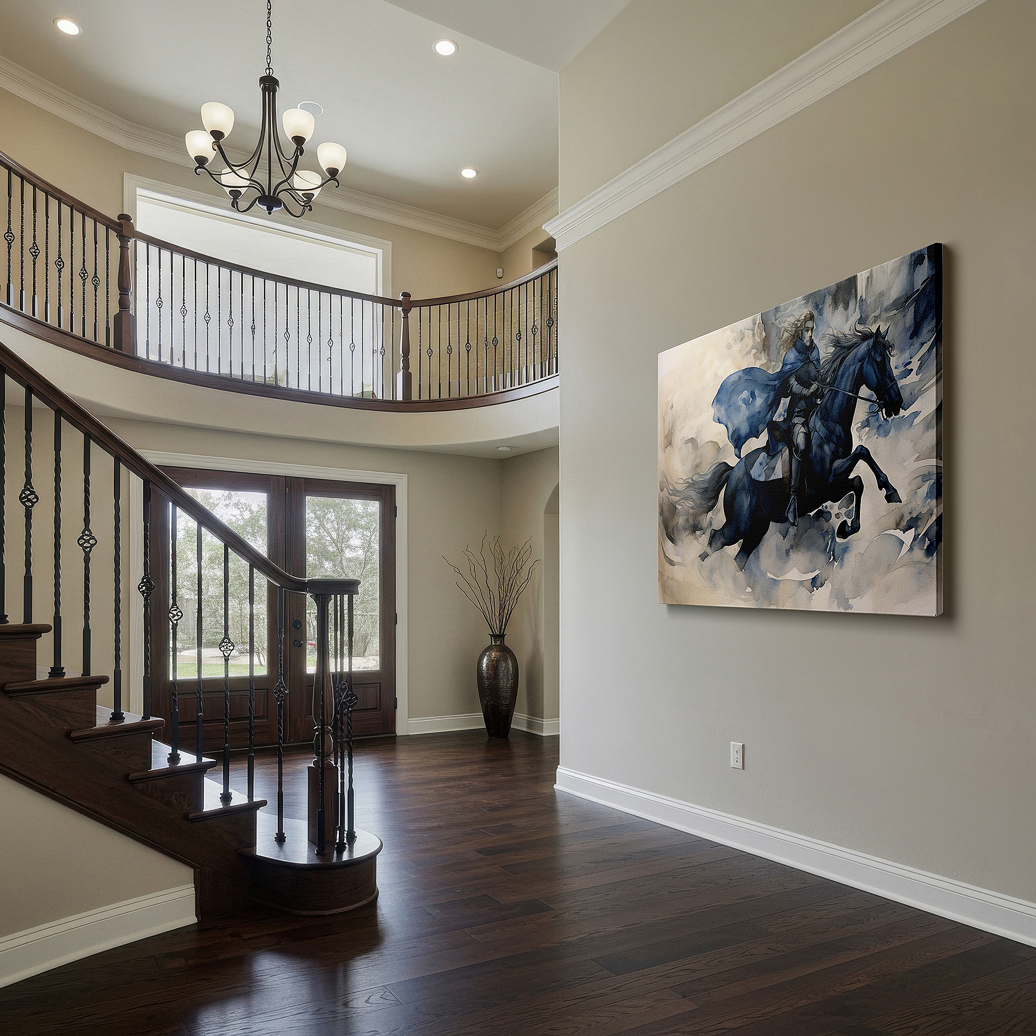 Balanced between two tall indoor plants near a window — wall art: majestic hero on horse amidst ethereal clouds - emblem of freedom and adventure. large canvas wall art for office decor.