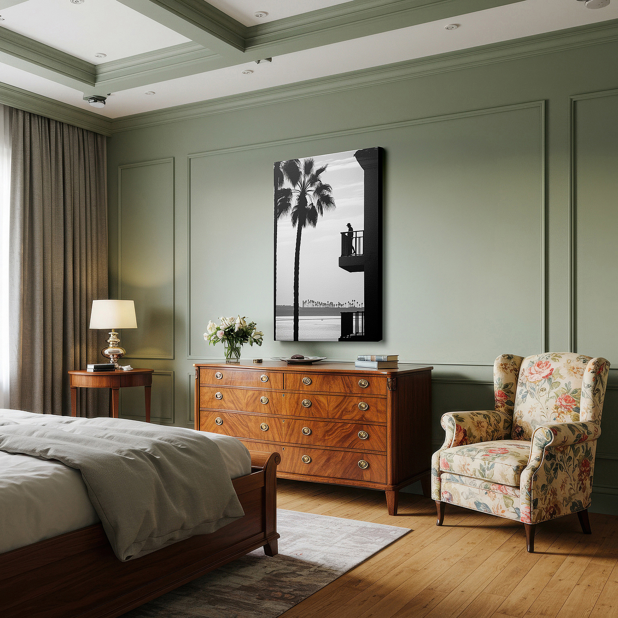 Balanced between two tall indoor plants near a window — wall art: peaceful solitude on a balcony with a view of a quiet coastal landscape and palm trees - large canvas wall art for home and office decor