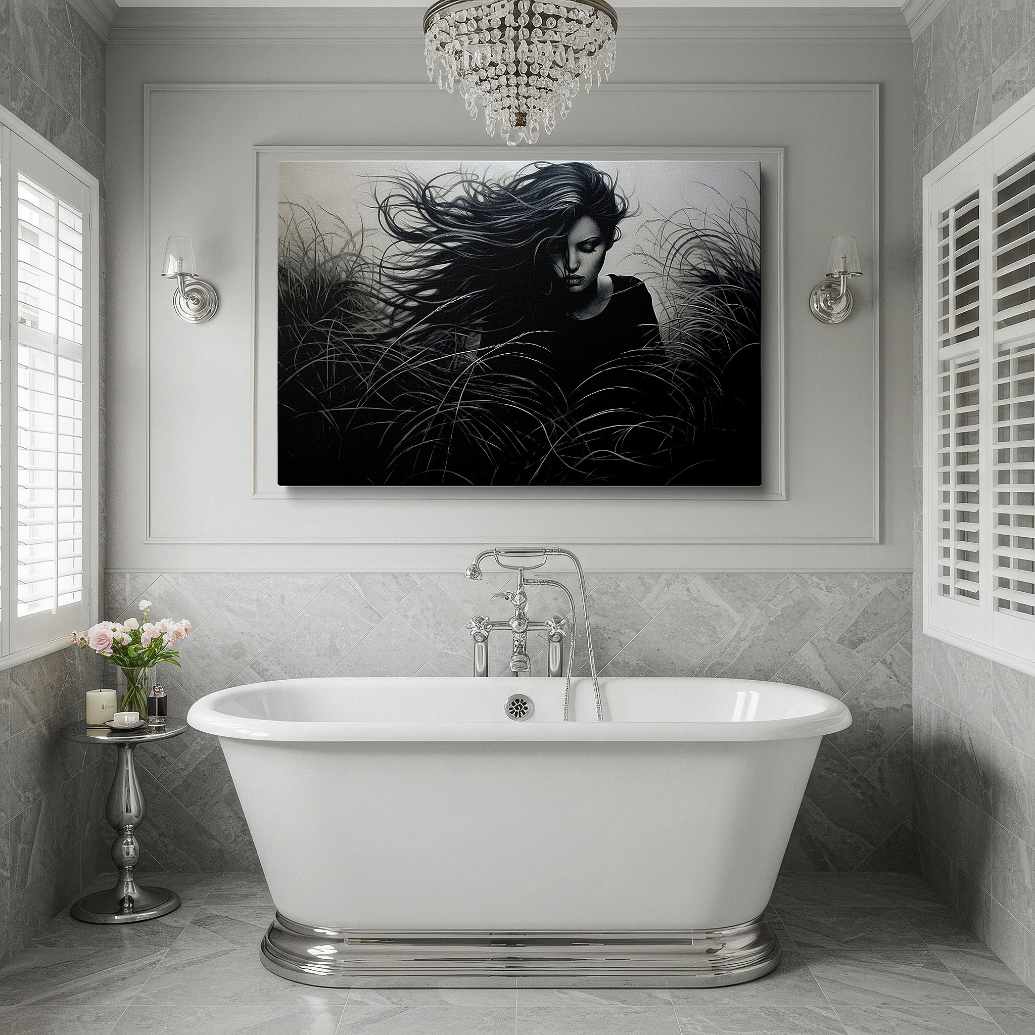 Balanced between two tall indoor plants near a window — wall art: serene black and white image of a thoughtful woman in an expansive meadow - large canvas wall art for home and office decor, perfect for living room and bedroom
