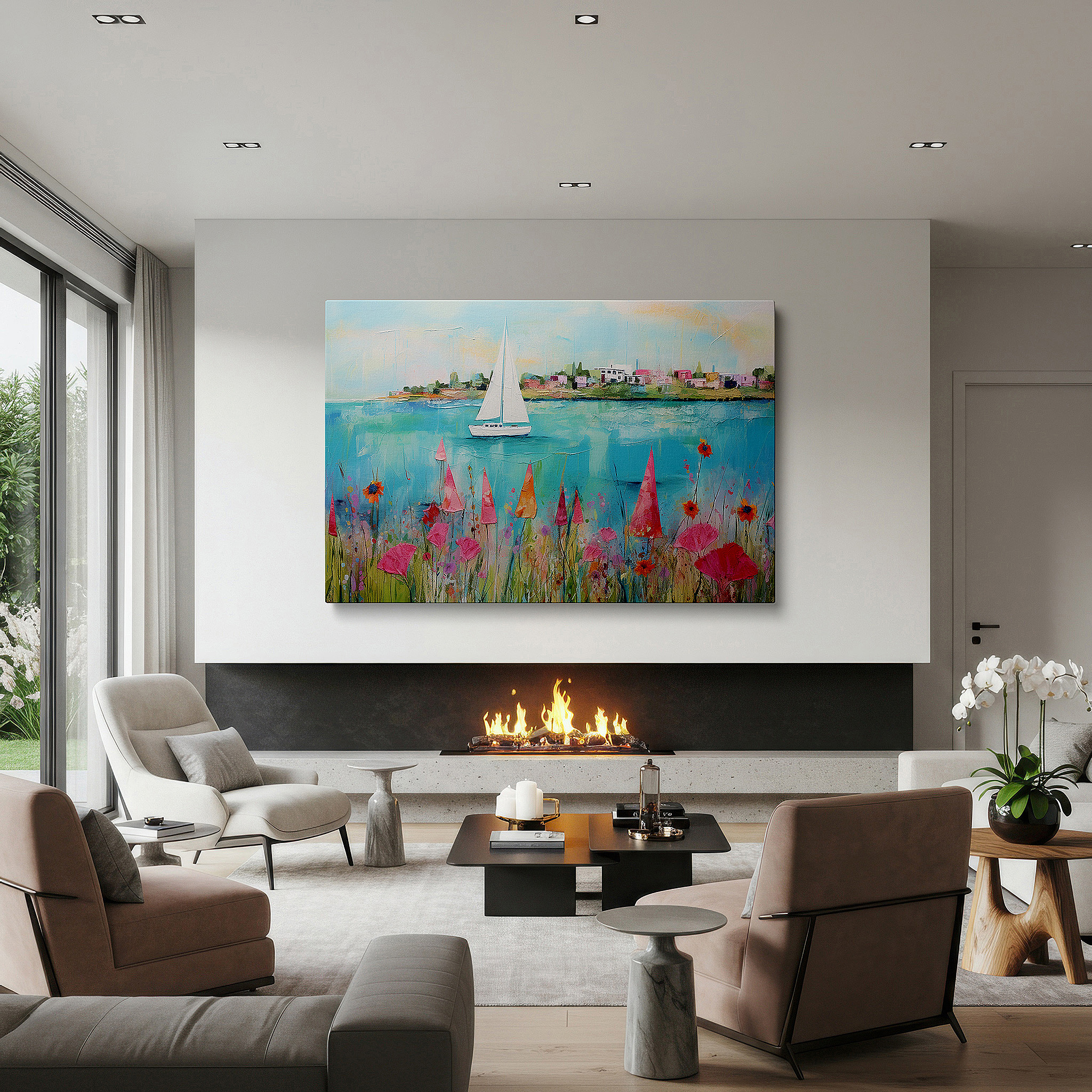 Balanced between two tall indoor plants near a window — wall art: serene coastal scene featuring vibrant florals and a tranquil sailboat - large canvas wall art for office, bedroom, and living room decor