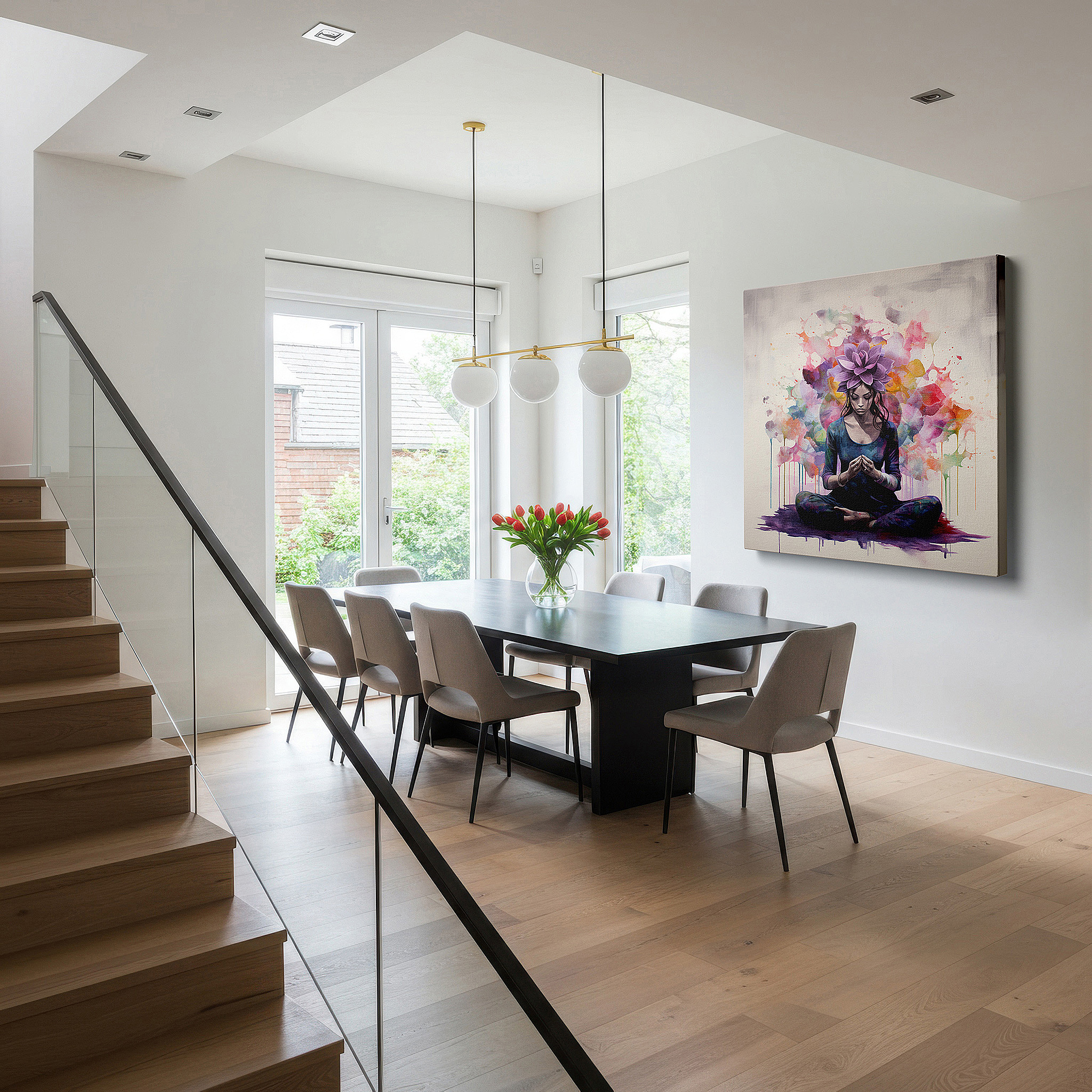 Balanced between two tall indoor plants near a window — wall art: tranquil meditation with vivid abstracts and floral designs - large canvas wall art for office and bedroom decor