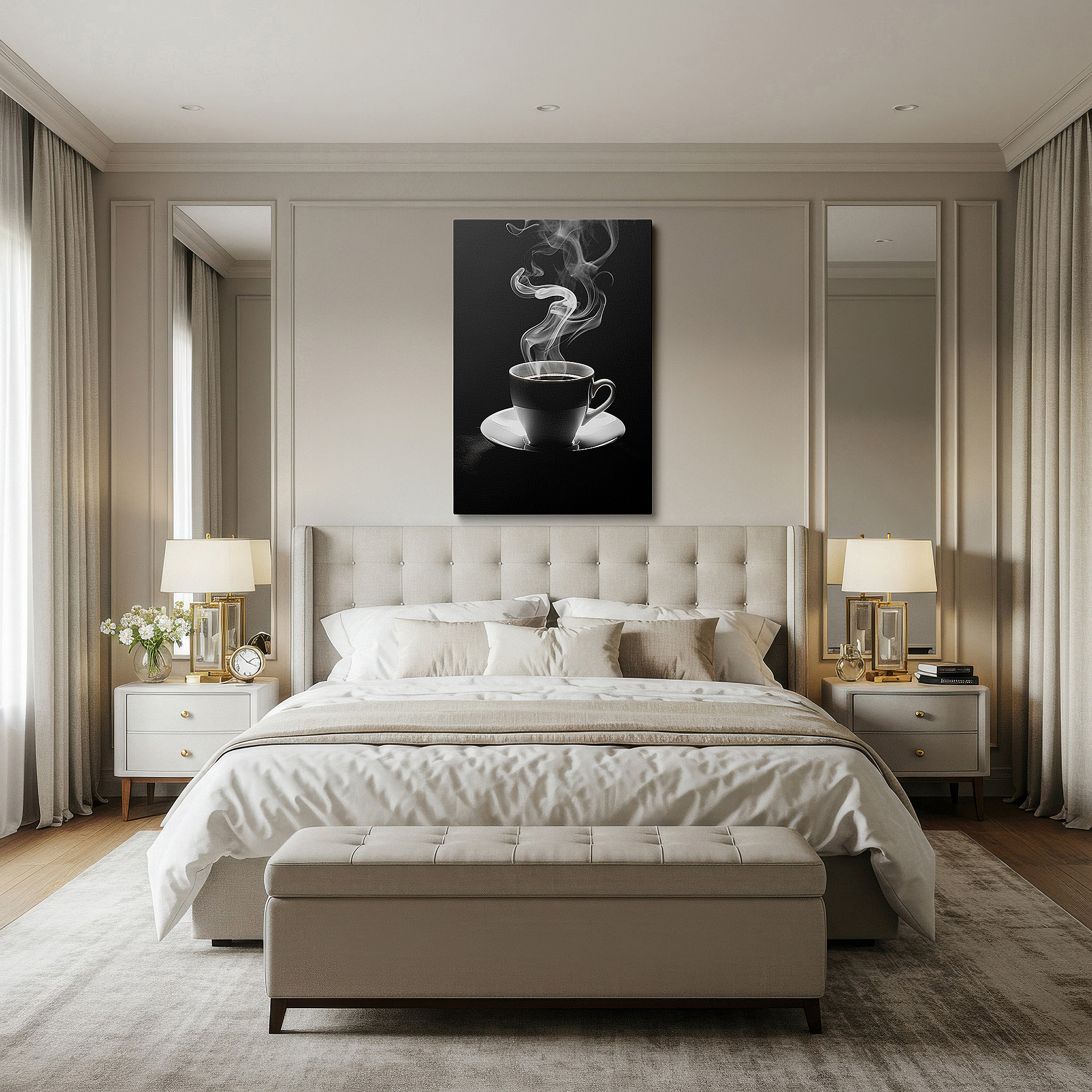 Balanced between two tall indoor plants near a window — wall art: "a tranquil morning" featuring a steaming cup of coffee, embodying warmth and simplicity. ideal for large spaces, canvas decor, and office environments.