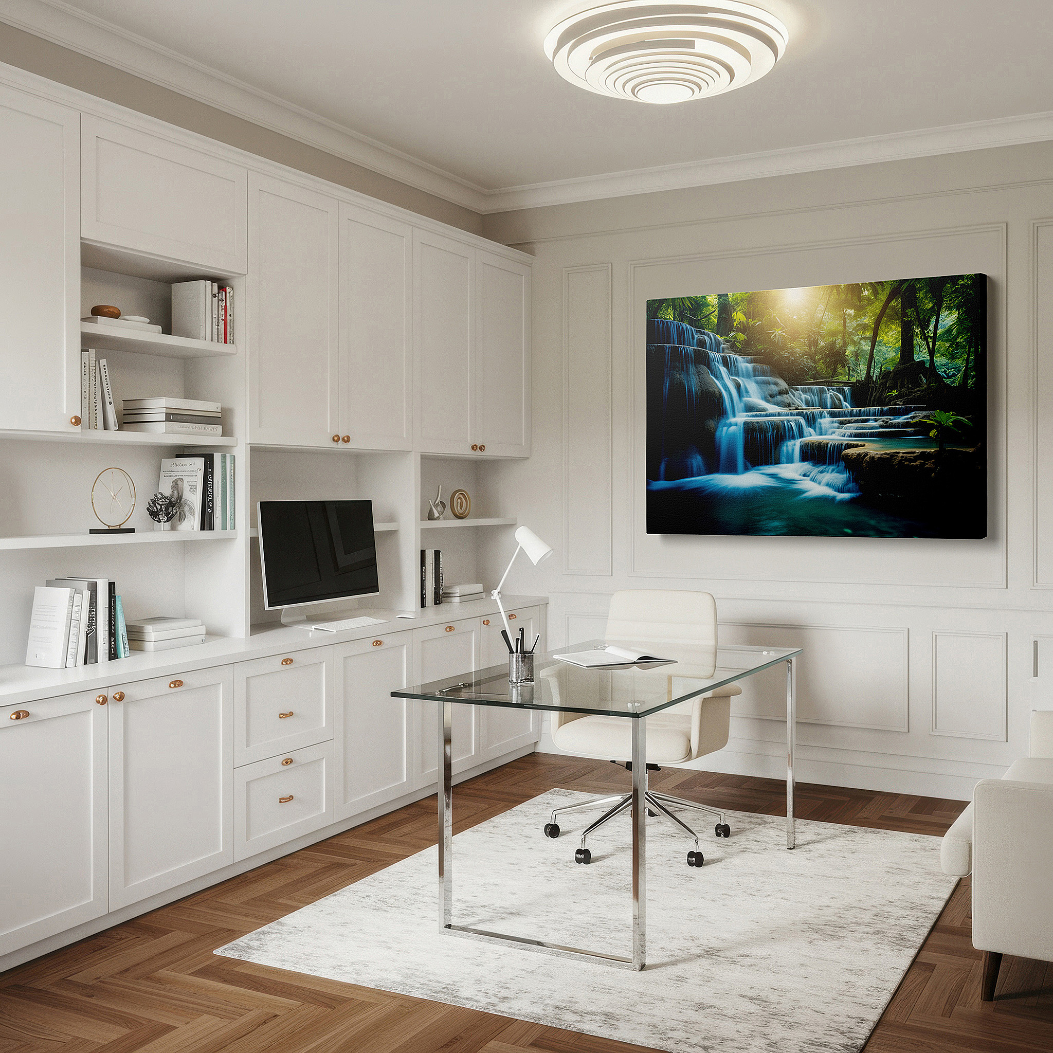 Balanced between two tall indoor plants near a window — waterfall and jungle scene large wall art, tranquil sanctuary canvas decor for any room, office, or bedroom