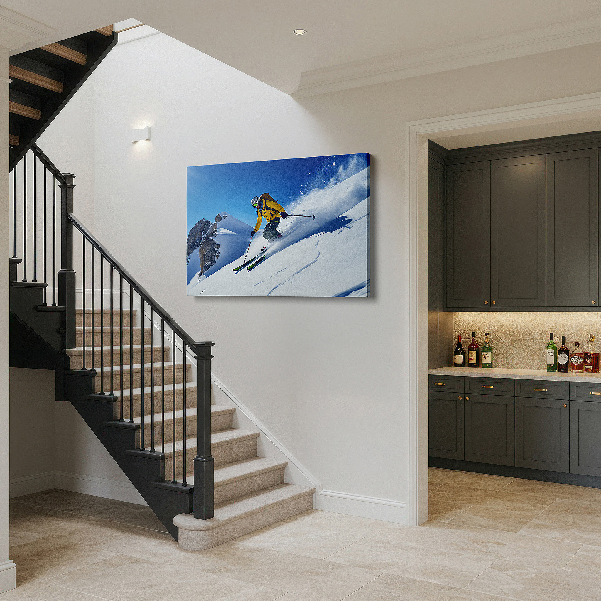 Balanced between two tall indoor plants near a window — winter sports excitement: skier on snow-covered mountain with bright blue sky - large canvas wall art for home and office decor