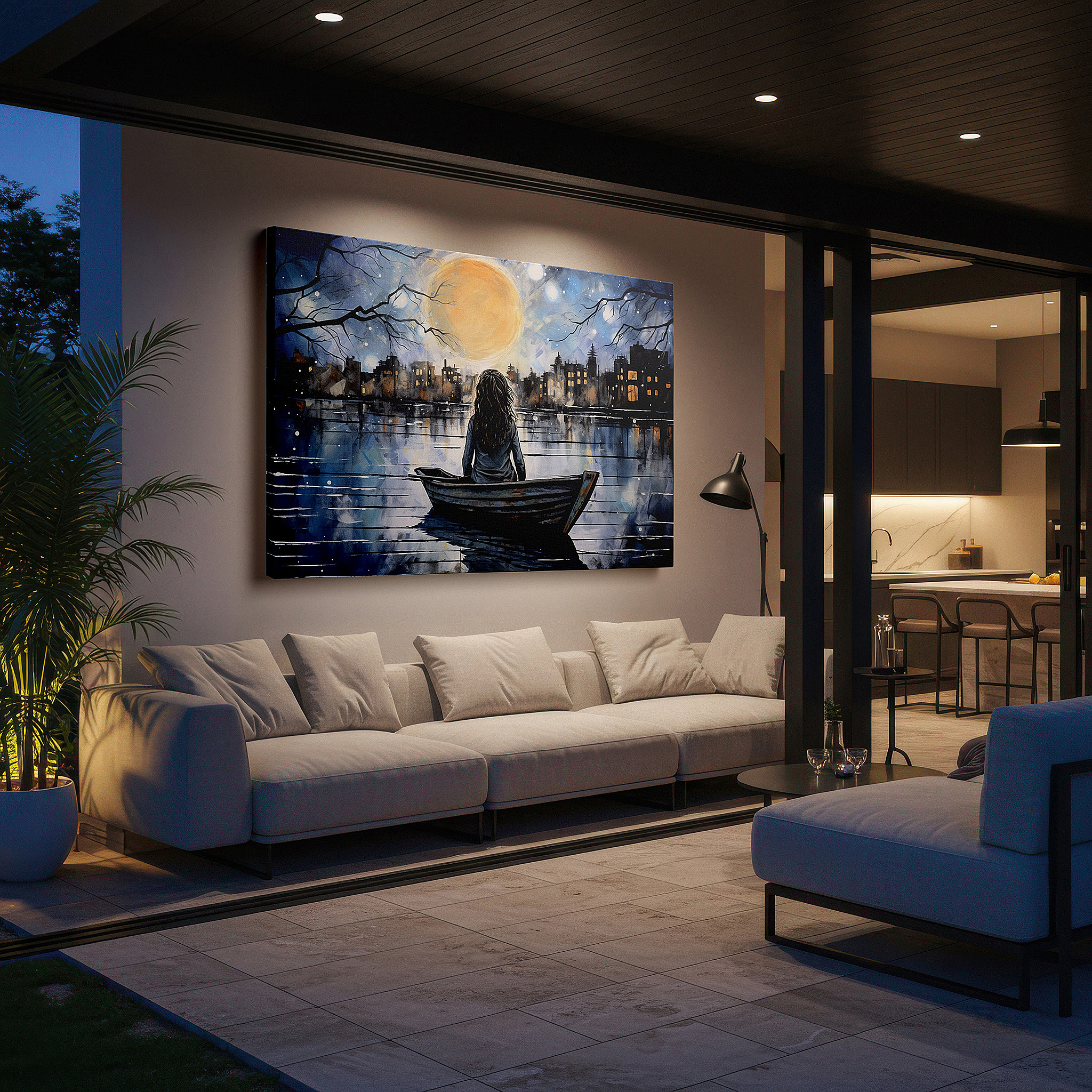 Balanced between two tall indoor plants near a window — young girl in a boat under moonlight, cityscape silhouette night scene, large canvas wall art for home and office decor
