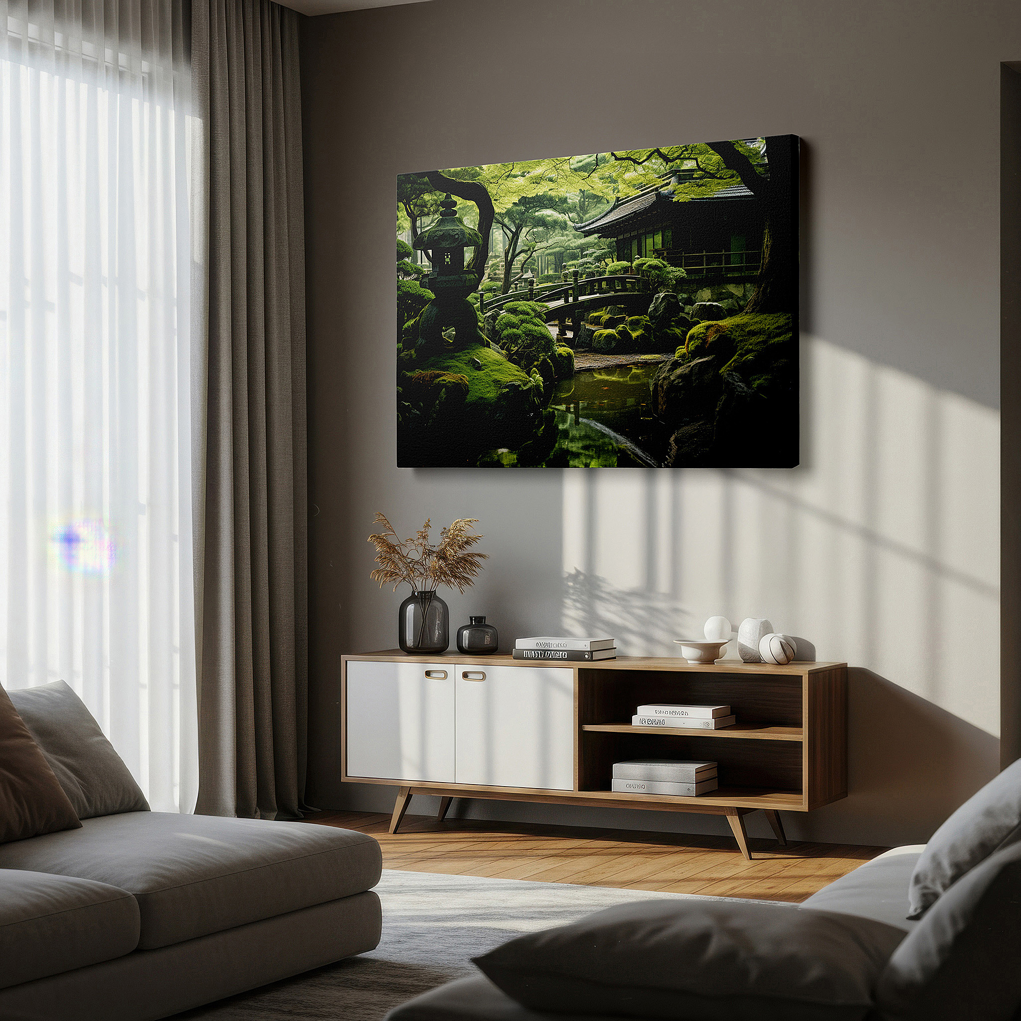 Balanced between two tall indoor plants near a window — zen garden canvas wall art featuring a serene wooden bridge over calm waters, ideal for office or bedroom decor