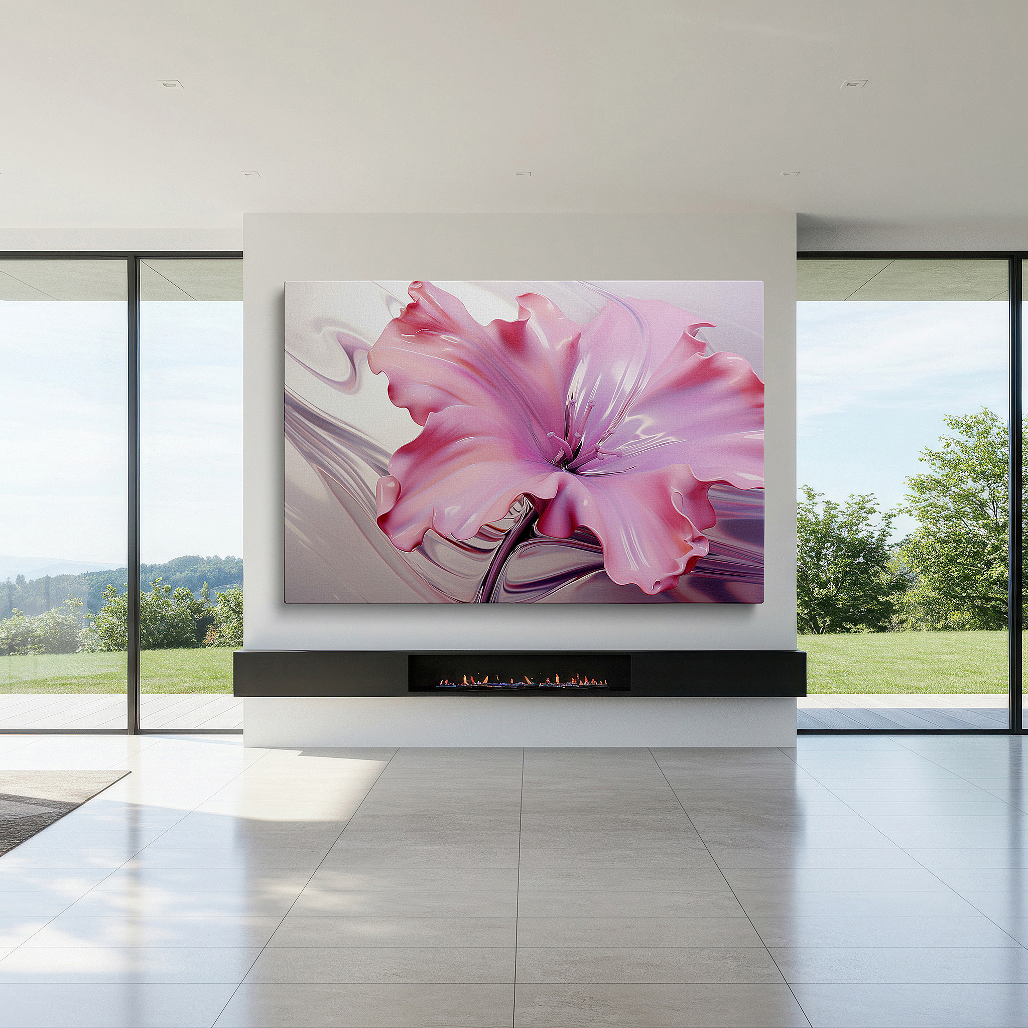 Bathed in morning sunlight streaming through sheer curtains — 3d pink flower sculpture masterpiece, vibrant nature-inspired glossy finish for modern interiors, large canvas wall art decor
