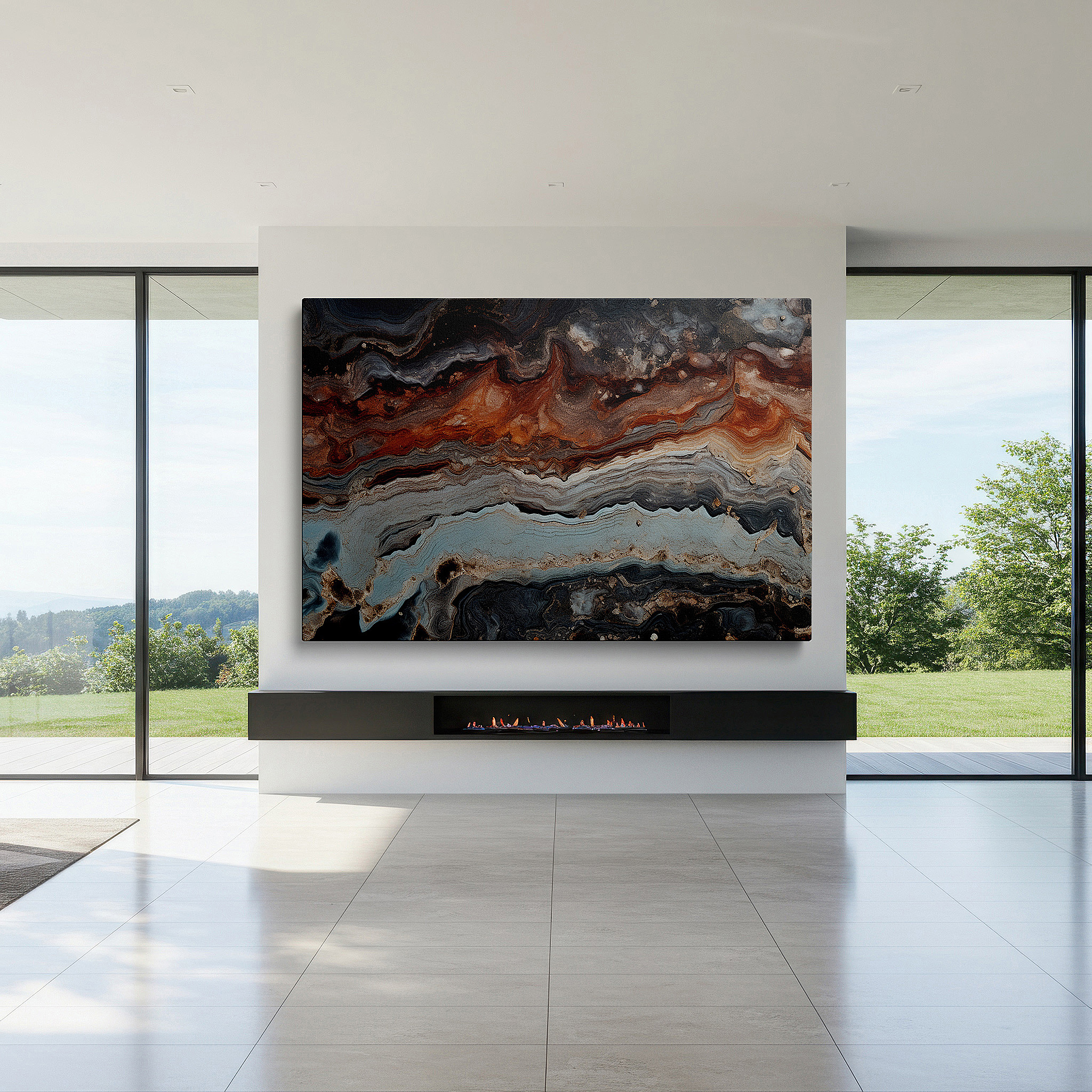 Bathed in morning sunlight streaming through sheer curtains — abstract harmony in earthy tones and textured patterns: large canvas wall art for office, bedroom, and living room decor
