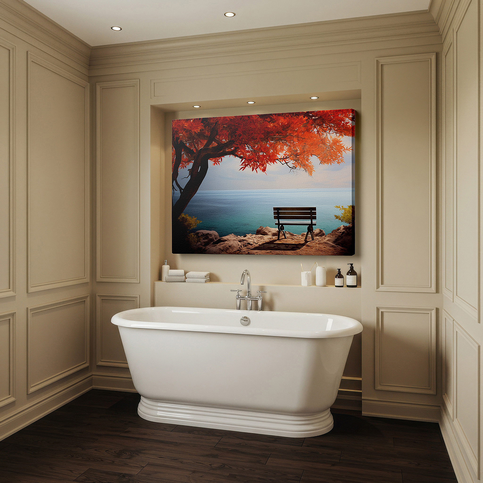 Bathed in morning sunlight streaming through sheer curtains — autumn embrace: serene coastal waters - a visual sanctuary for peace and reflection, large canvas wall art for office decor