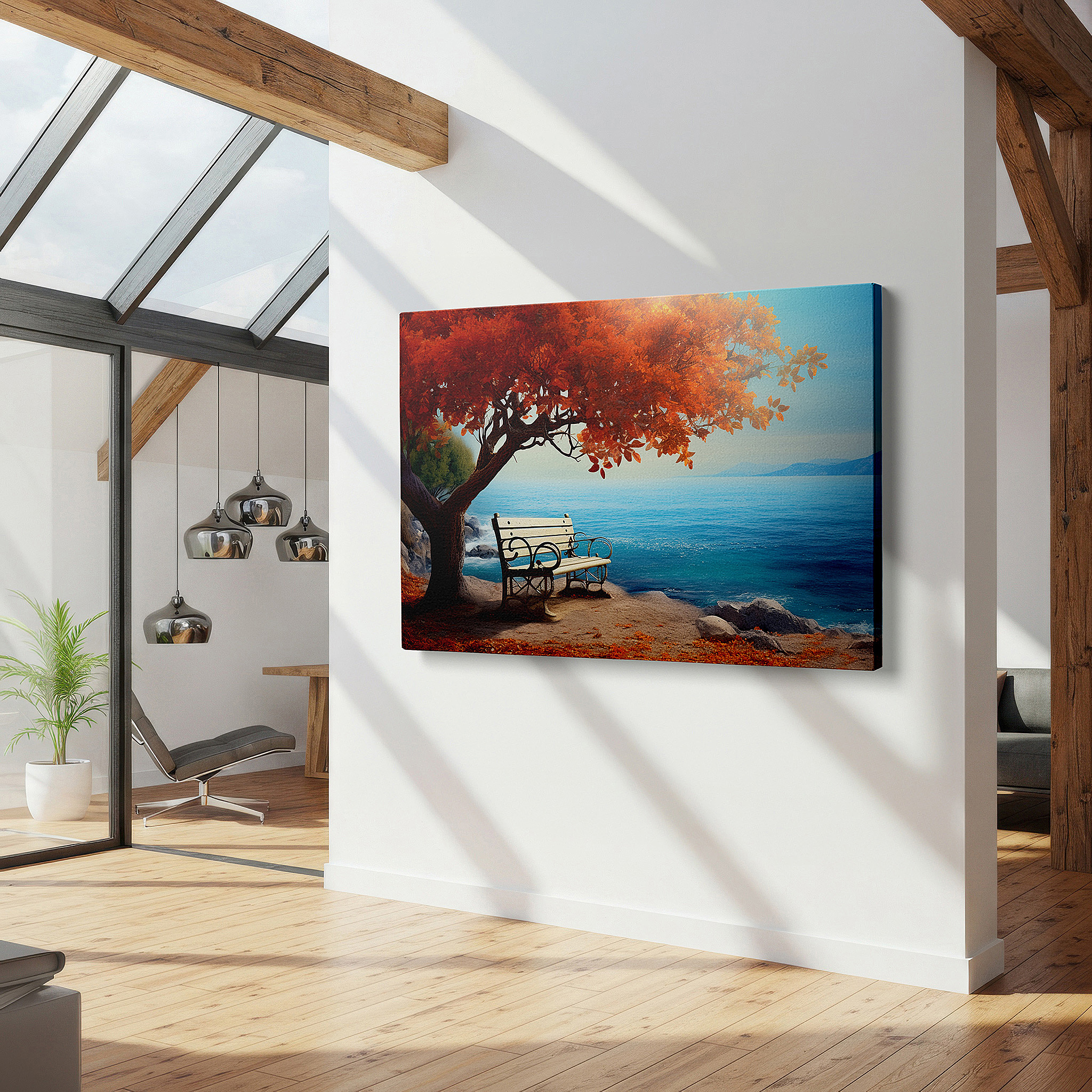 Bathed in morning sunlight streaming through sheer curtains — autumn's glory by the tranquil sea - serene fusion of fiery leaves and calm waters, large wall art, canvas wall art, wall decor, office wall art