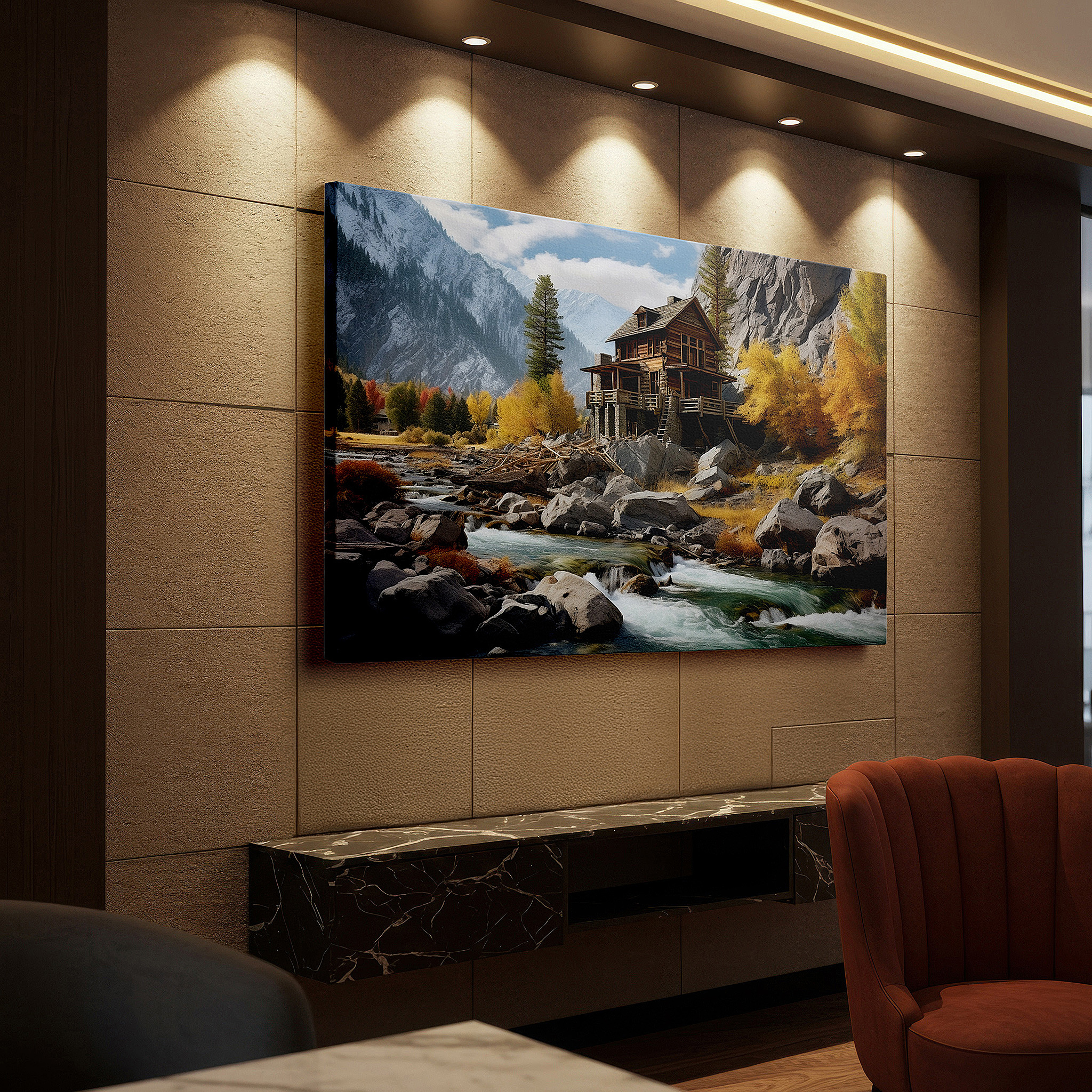 Bathed in morning sunlight streaming through sheer curtains — autumn-themed rustic cabin retreat large wall art for office, bedroom, and living room decor