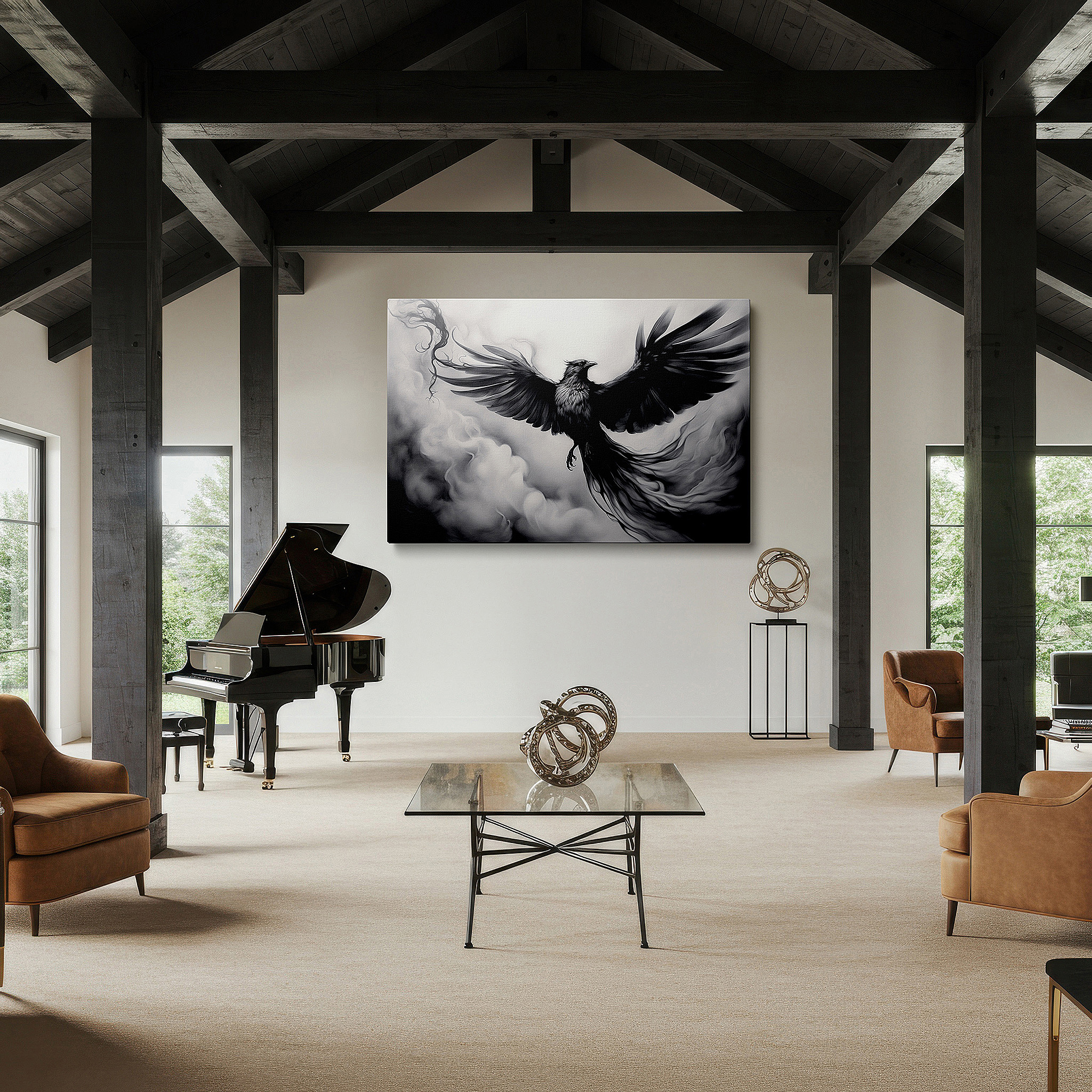 Bathed in morning sunlight streaming through sheer curtains — black bird soaring in monochrome sky: symbol of freedom and nature's power - large canvas wall art for office decor