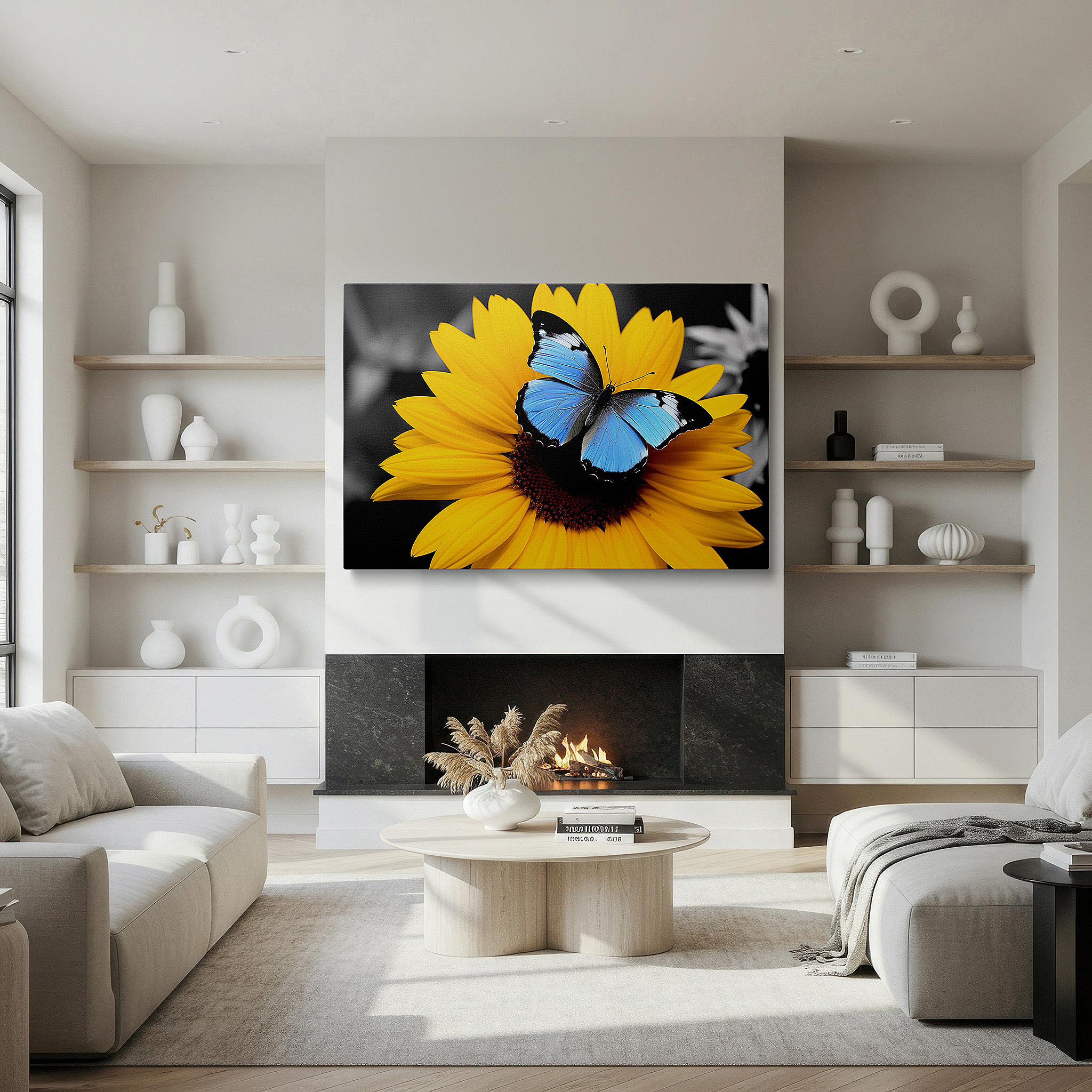 Bathed in morning sunlight streaming through sheer curtains — bright yellow sunflower with vivid blue butterfly, tranquil and vibrant large wall art, canvas wall art, wall decor for office and bedroom