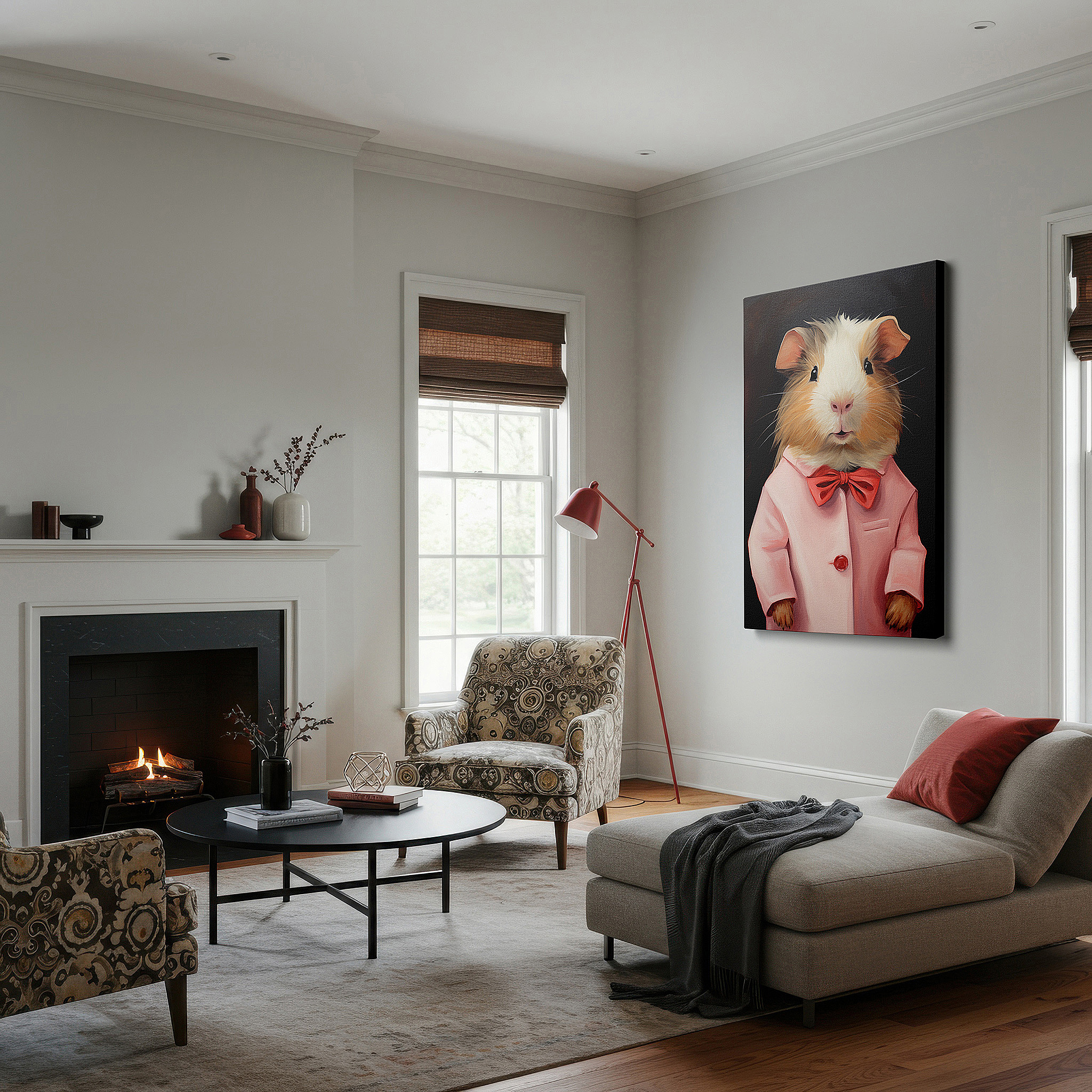 Bathed in morning sunlight streaming through sheer curtains — charming and sophisticated guinea pig in pink coat and bowtie large canvas wall art, perfect for office decor