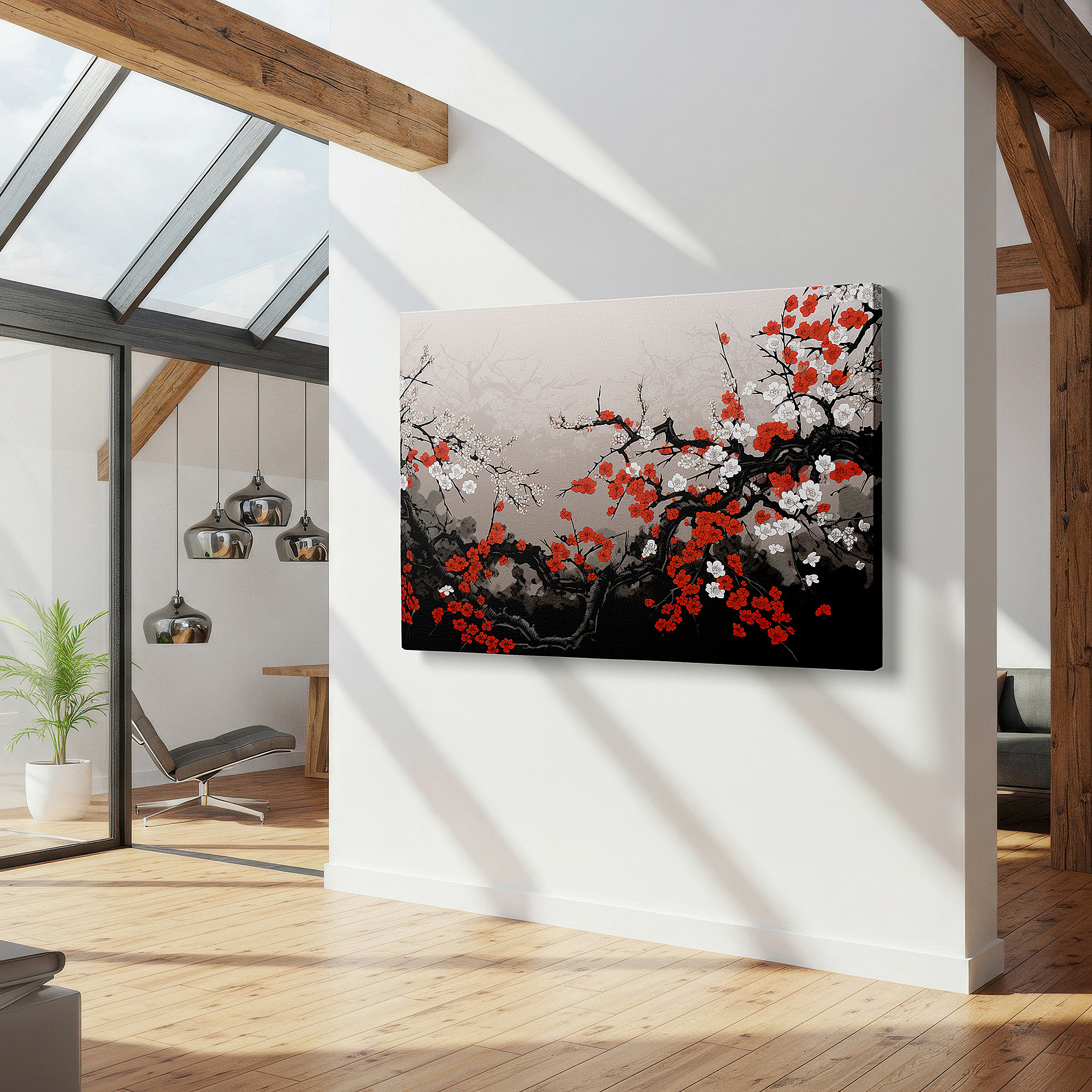 Bathed in morning sunlight streaming through sheer curtains — cherry blossoms in spring dance canvas wall art, large wall decor for office, evoking serenity and joy