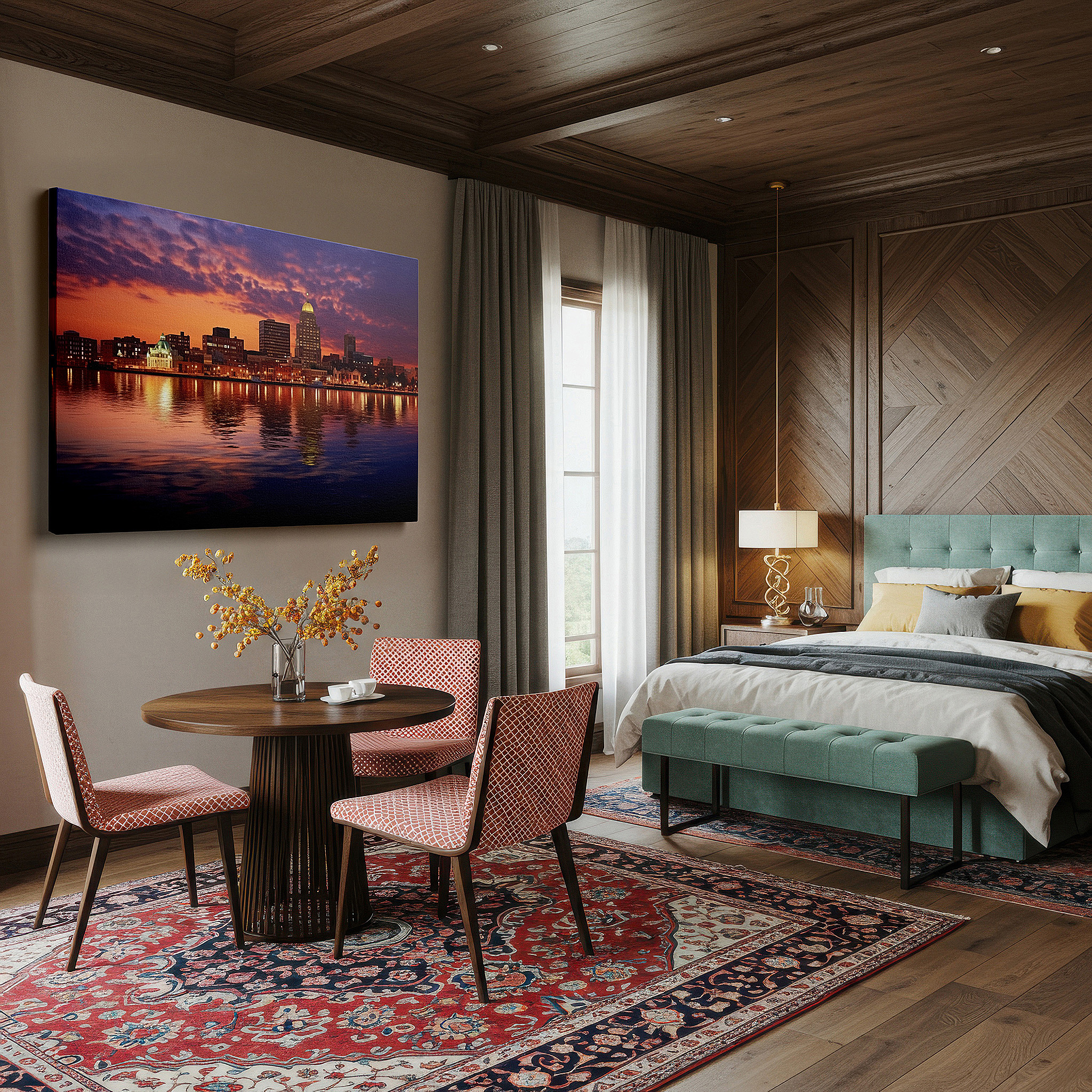 Bathed in morning sunlight streaming through sheer curtains — cityscape at dusk: sunset hues and tranquil reflections - large canvas wall art for office and bedroom decor