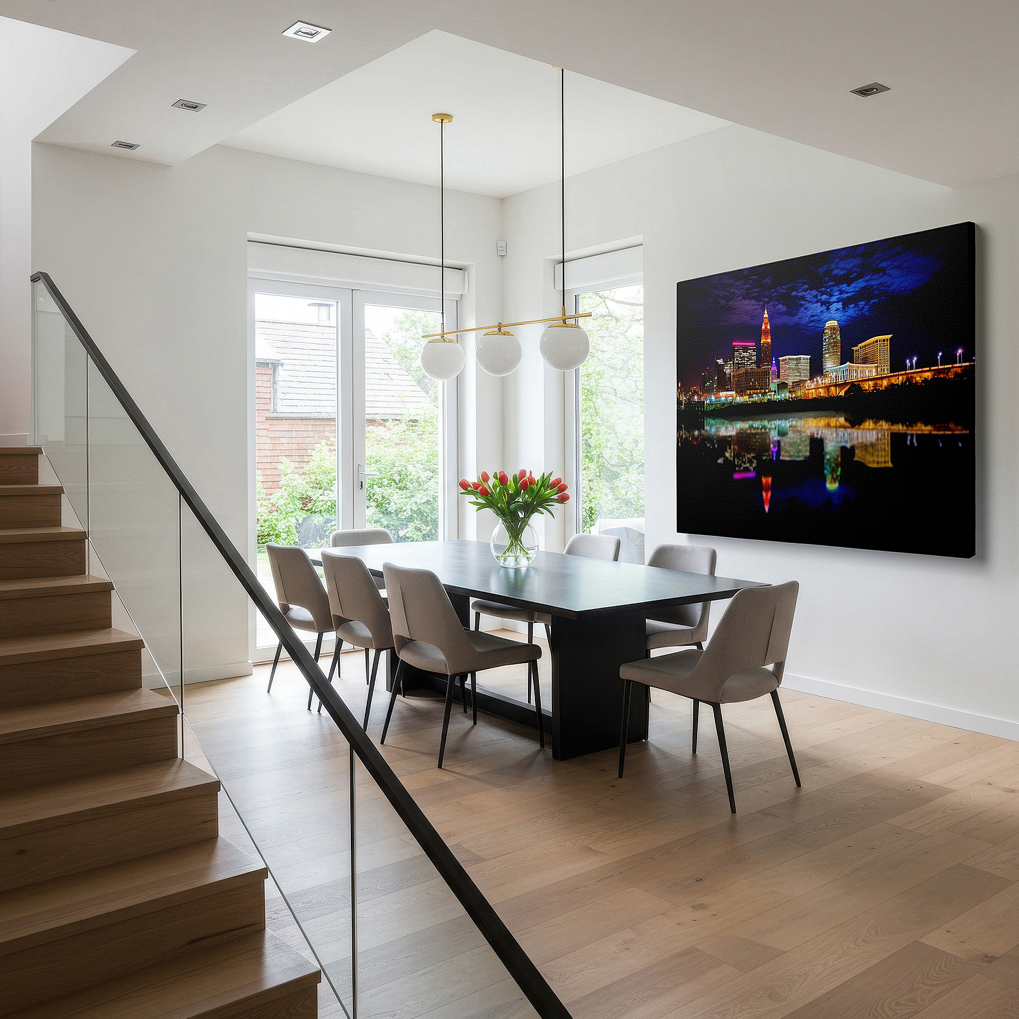 Bathed in morning sunlight streaming through sheer curtains — cleveland's nighttime skyline: a vivid display of city lights and reflections - large wall art, canvas wall art, wall decor for office and bedroom